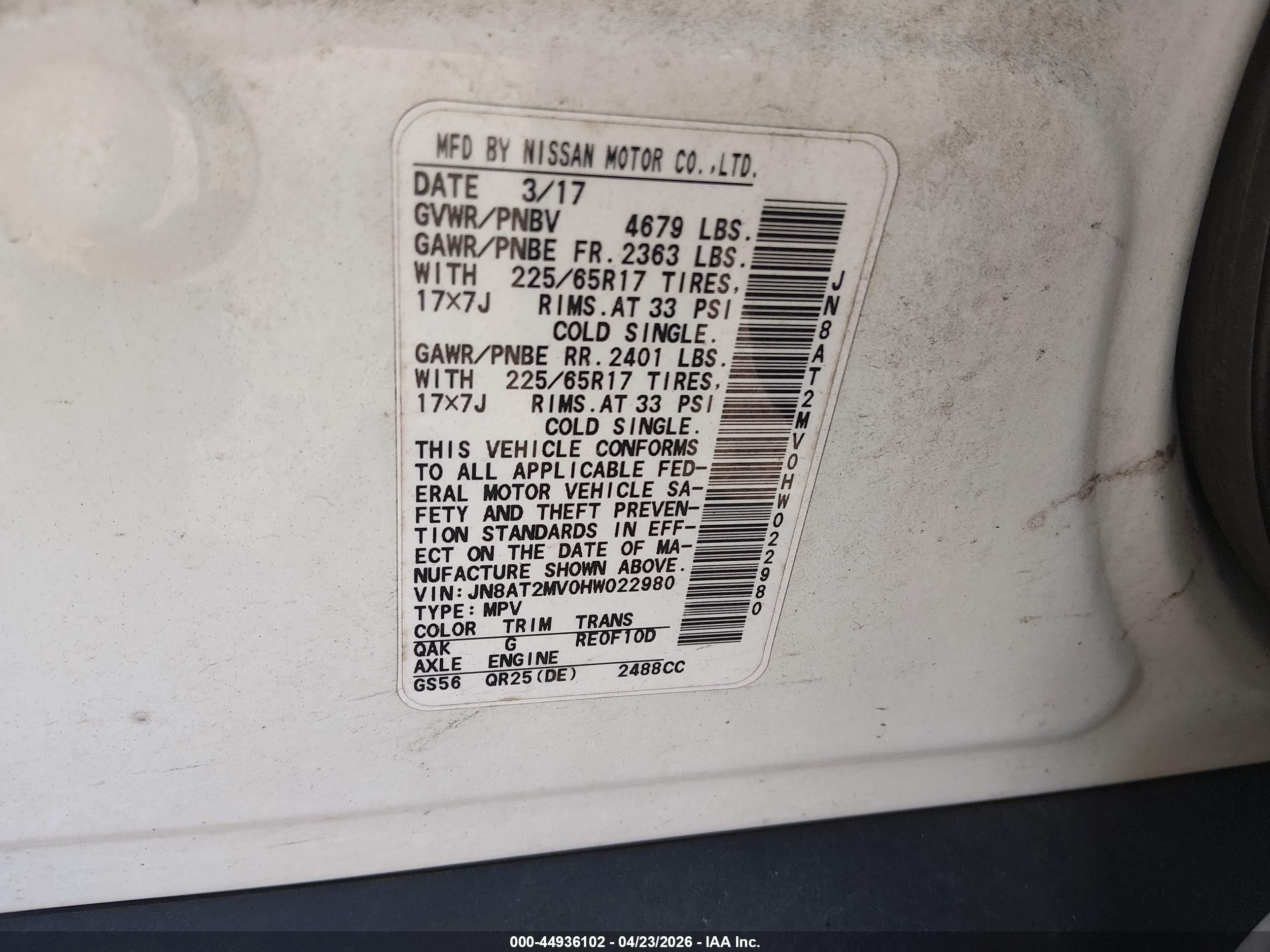 2017 Nissan Rogue VIN JN8AT2MV0HW022980 IAAI salvage auction — Rear End, Salvage (Kentucky), sold $2,200 on 2026-07-12 (photo 7)
