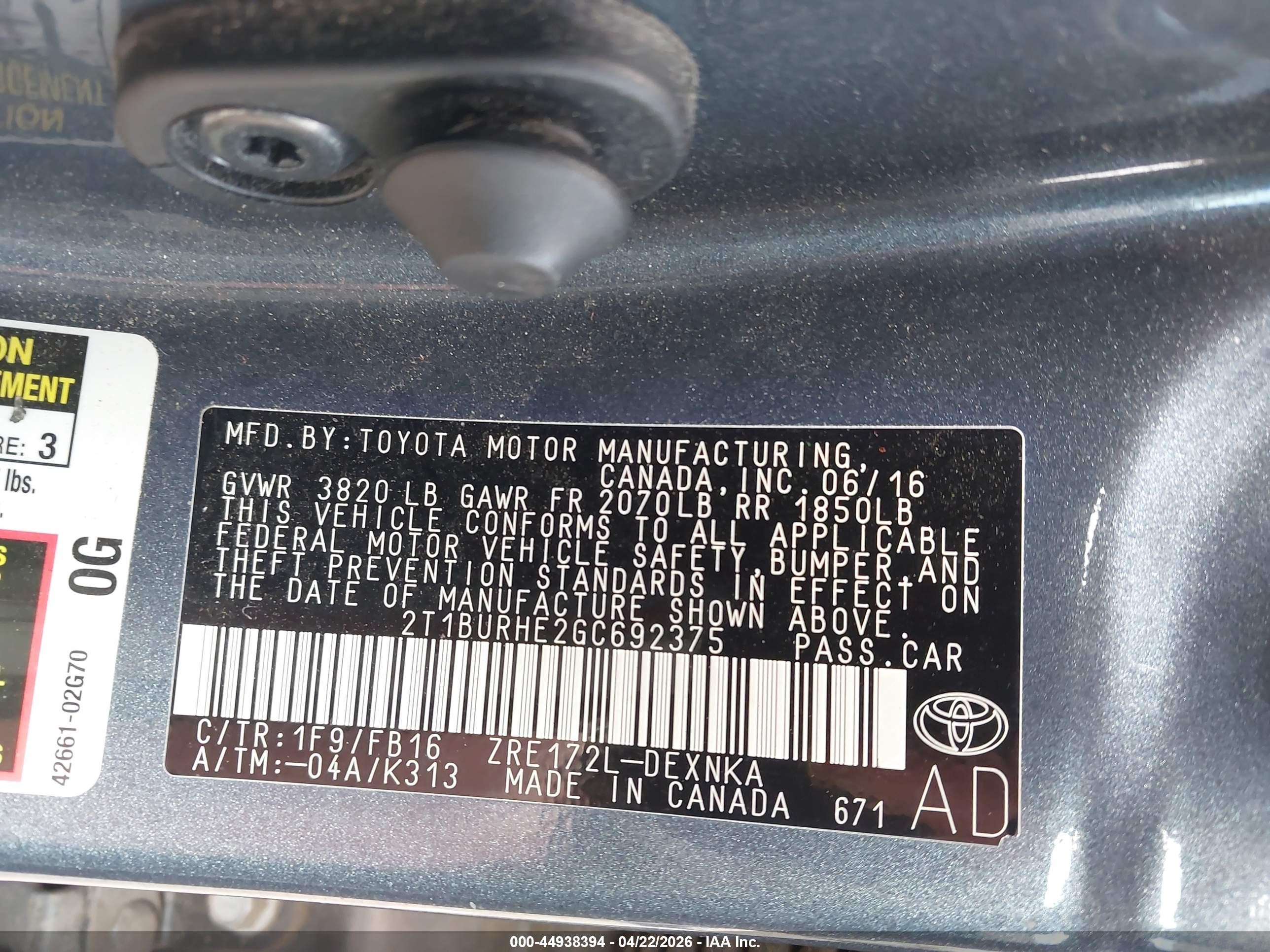 2016 Toyota Corolla VIN 2T1BURHE2GC692375 IAAI salvage auction — Front End, Salvage (Utah), sold $2,700 on 2026-07-02 (photo 9)