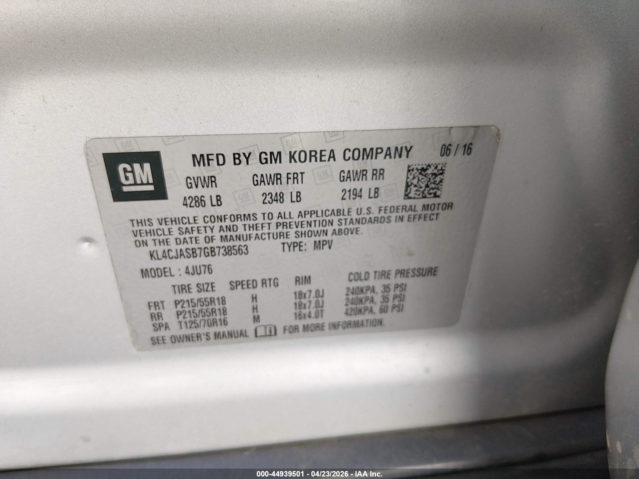 2016 Buick Encore VIN KL4CJASB7GB738563 IAAI salvage auction — Unknown, Salvage (Kentucky), sold $325 on 2026-09-08 (photo 9)