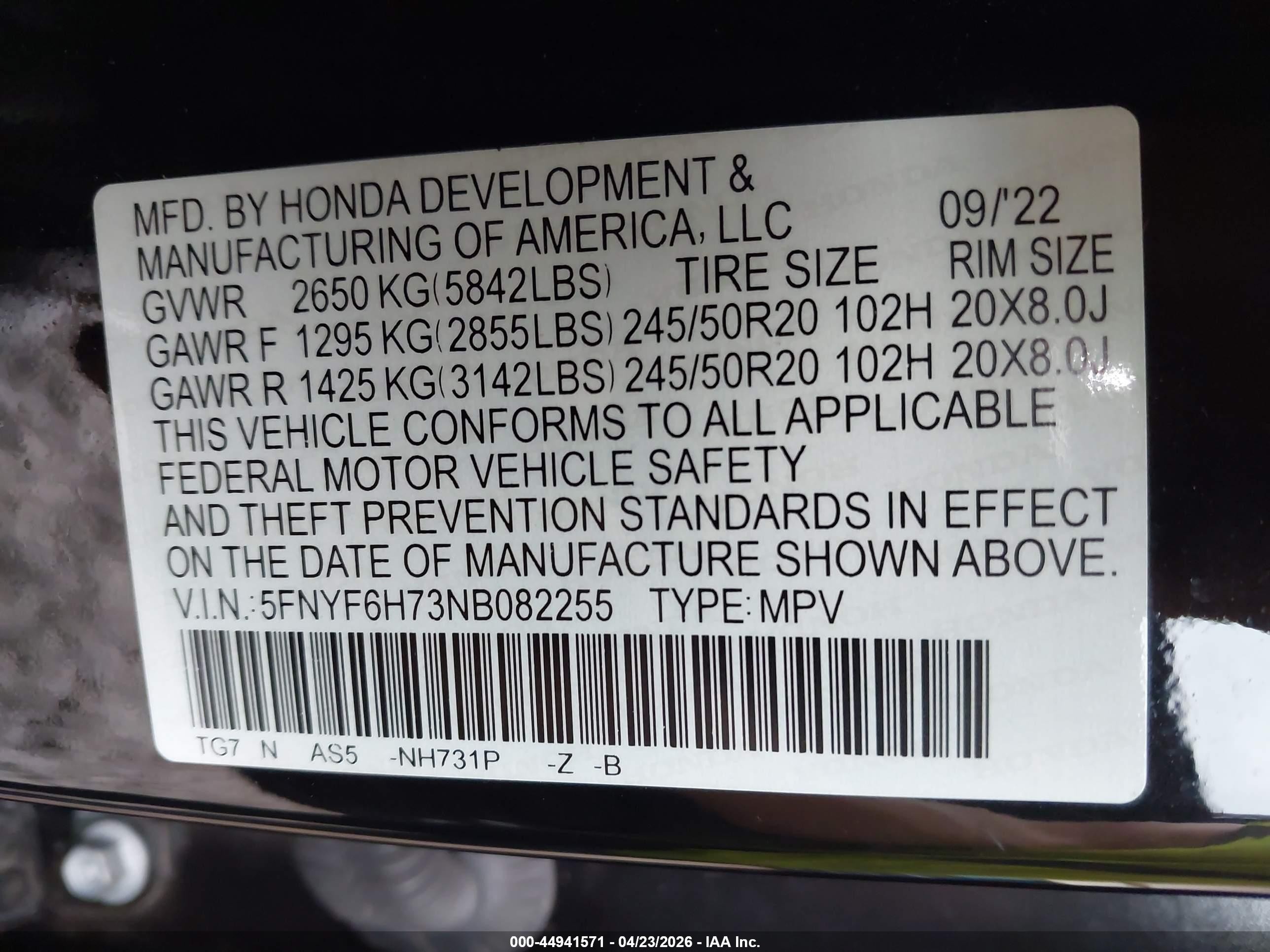 2022 Honda Pilot VIN 5FNYF6H73NB082255 IAAI salvage auction — Front End, Original (Texas), sold $11,400 on 2026-07-10 (photo 9)