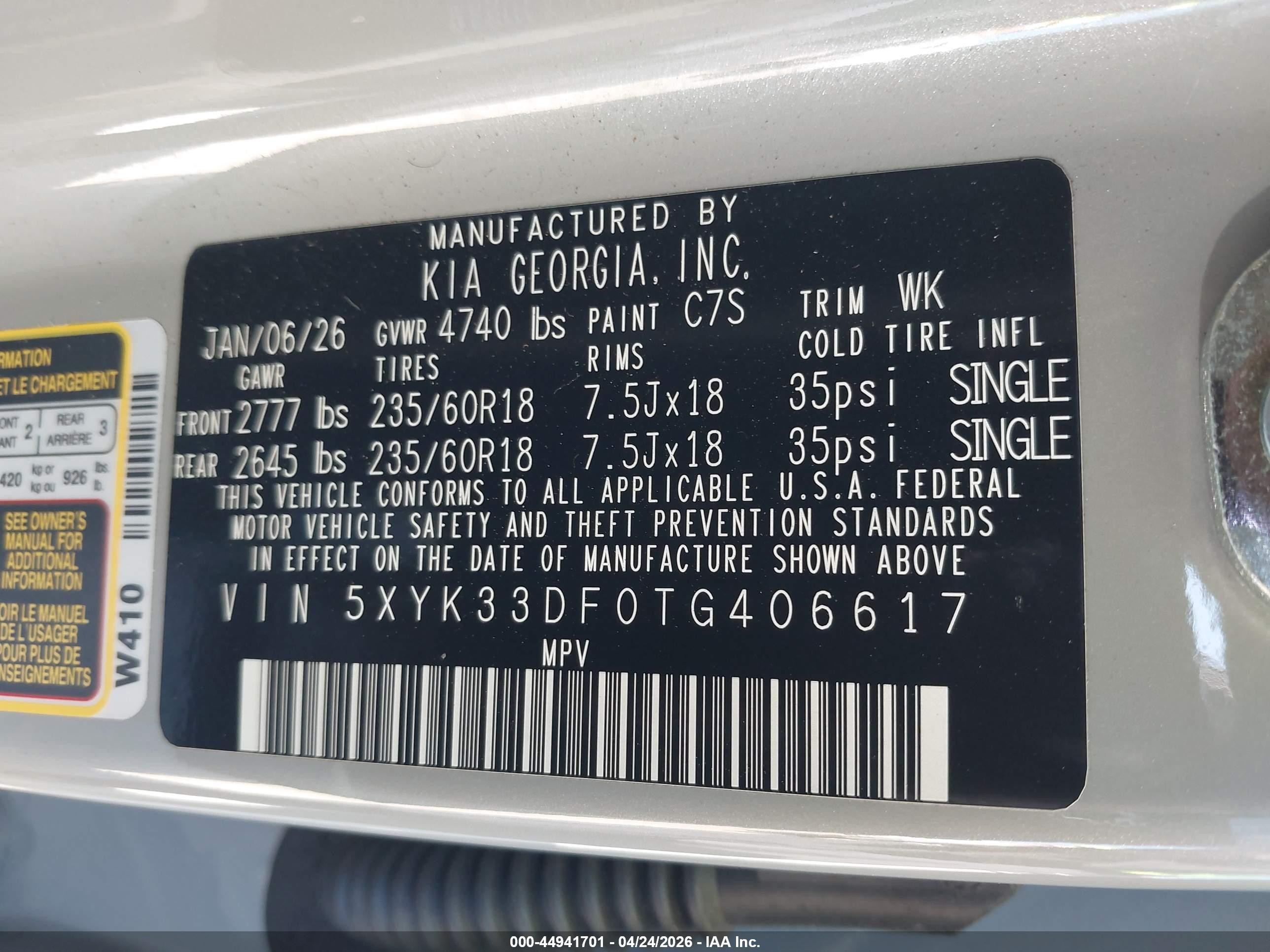 2026 Kia Sportage VIN 5XYK33DF0TG406617 IAAI salvage auction — Unknown, Rebuildable (Florida), sold $10,300 on 2026-07-06 (photo 9)