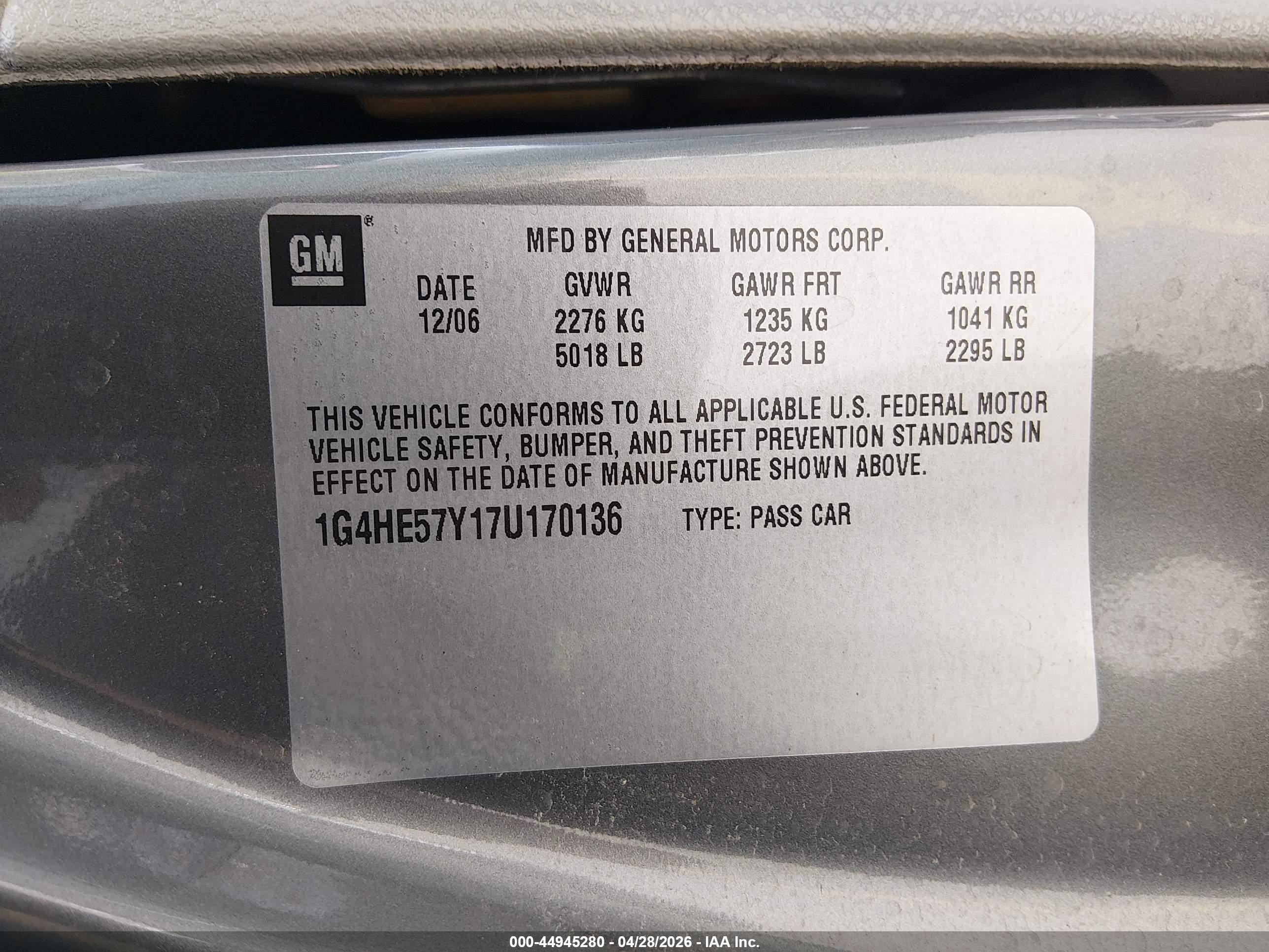 2007 Buick Lucerne VIN 1G4HE57Y17U170136 IAAI salvage auction — Rear End, Salvage (Utah), sold $275 on 2026-07-09 (photo 9)