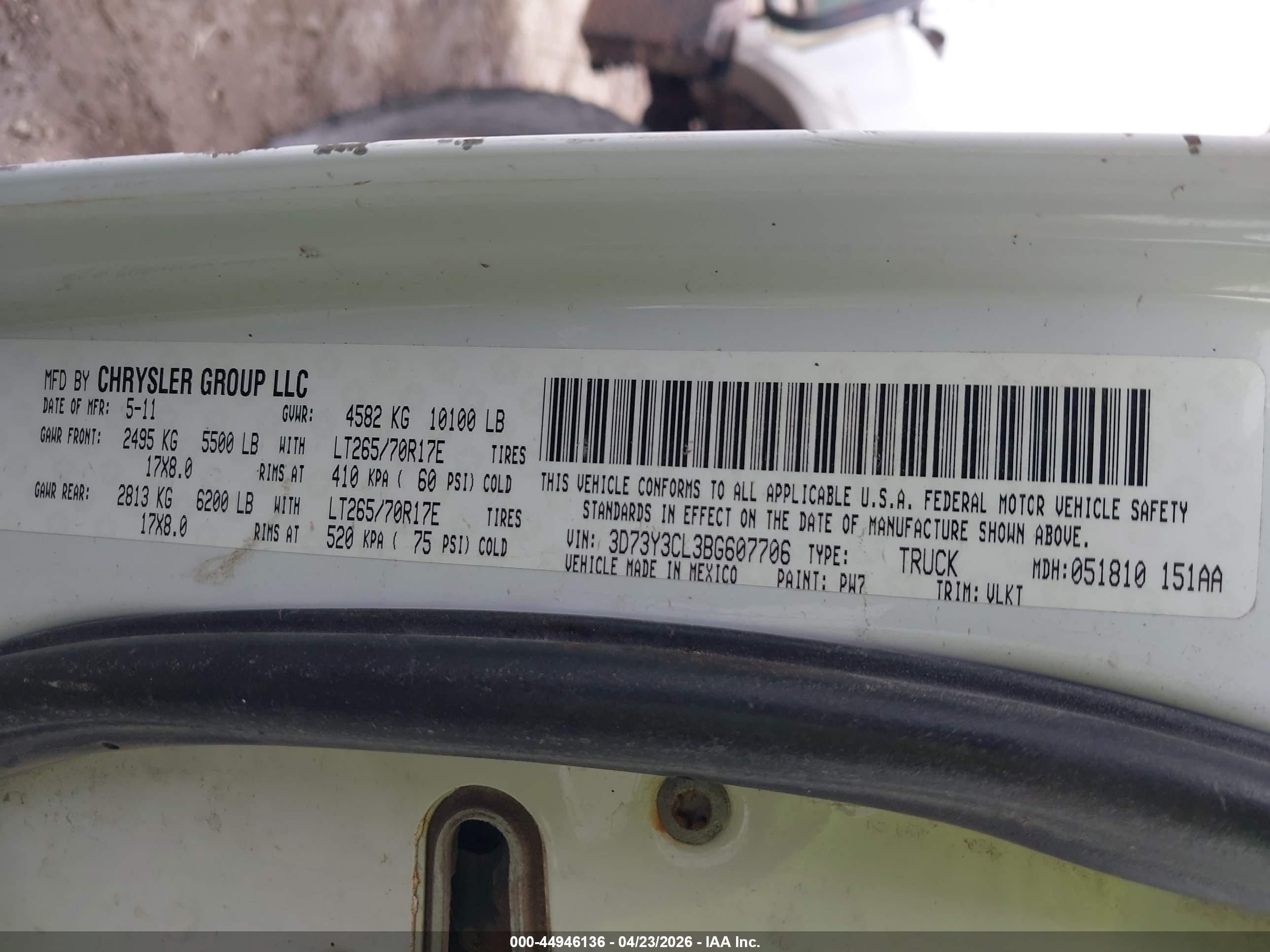 2011 Dodge Ram VIN 3D73Y3CL3BG607706 IAAI salvage auction — Front End, Clear (Oklahoma), sold $3,500 on 2026-06-15 (photo 8)