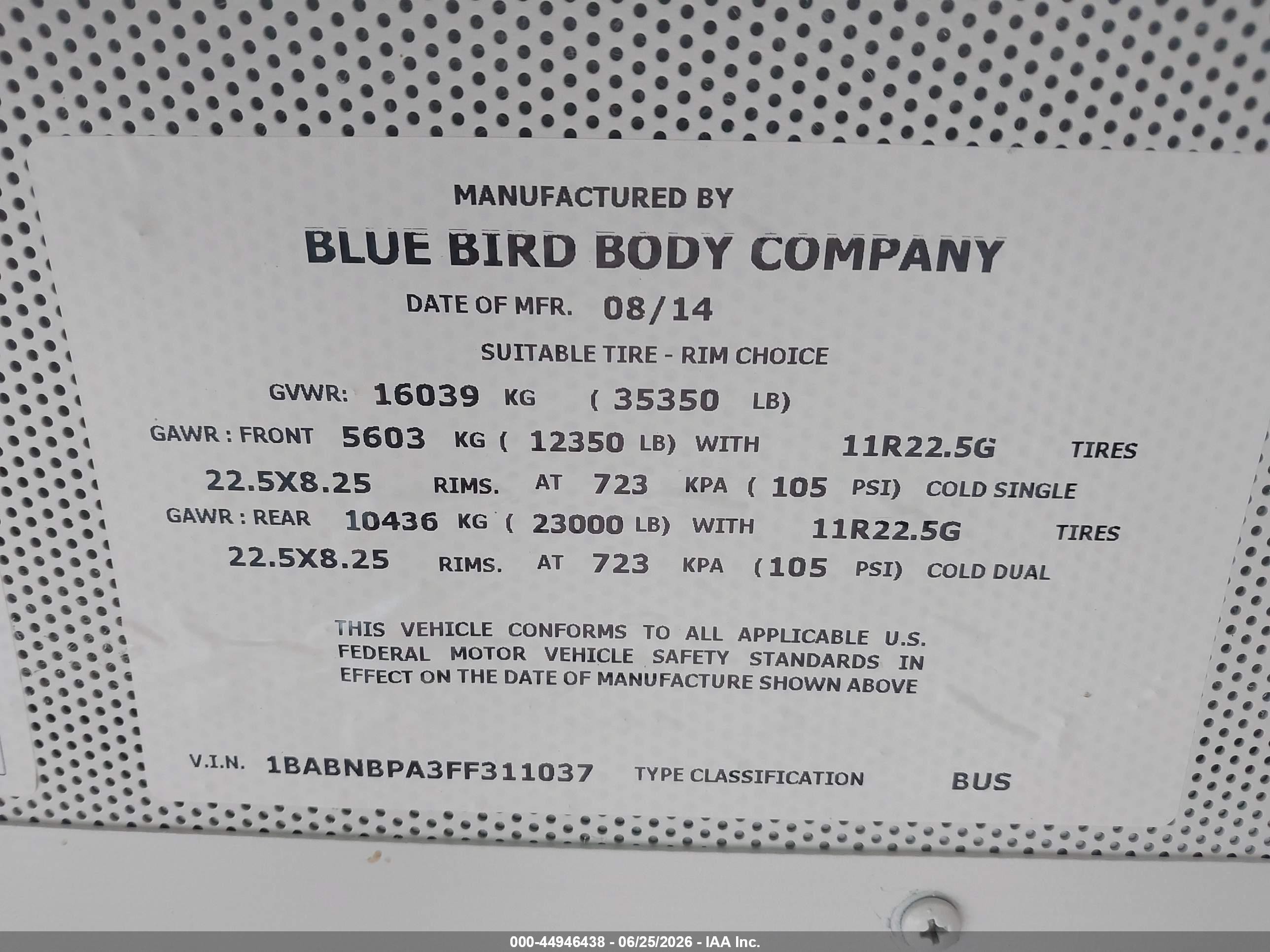 2015 Blue Bird School Bus / Transit Bus VIN 1BABNBPA3FF311037 IAAI salvage auction — Normal Wear, SF97 (North Dakota), sold $13,650 on 2026-07-09 (photo 9)