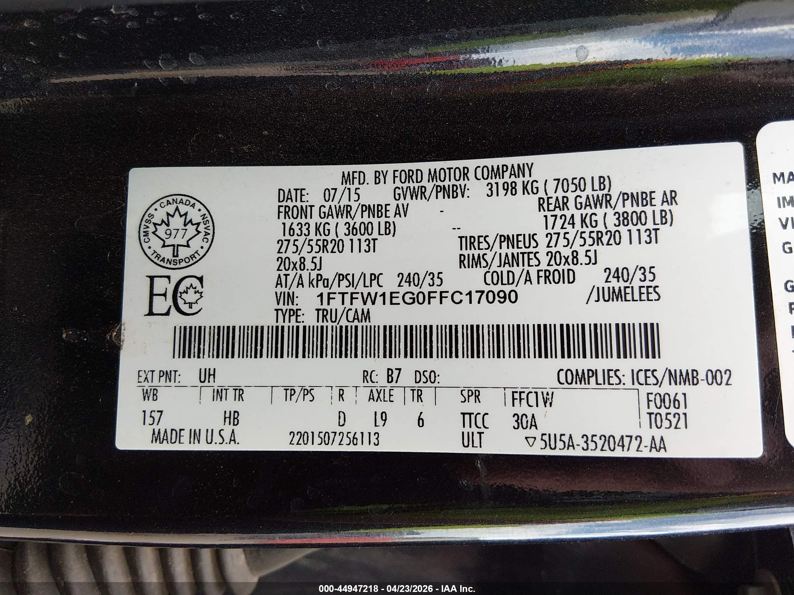 2015 Ford F-150 VIN 1FTFW1EG0FFC17090 IAAI salvage auction — Front End, Salvage (Colorado), sold $7,150 on 2026-07-07 (photo 9)