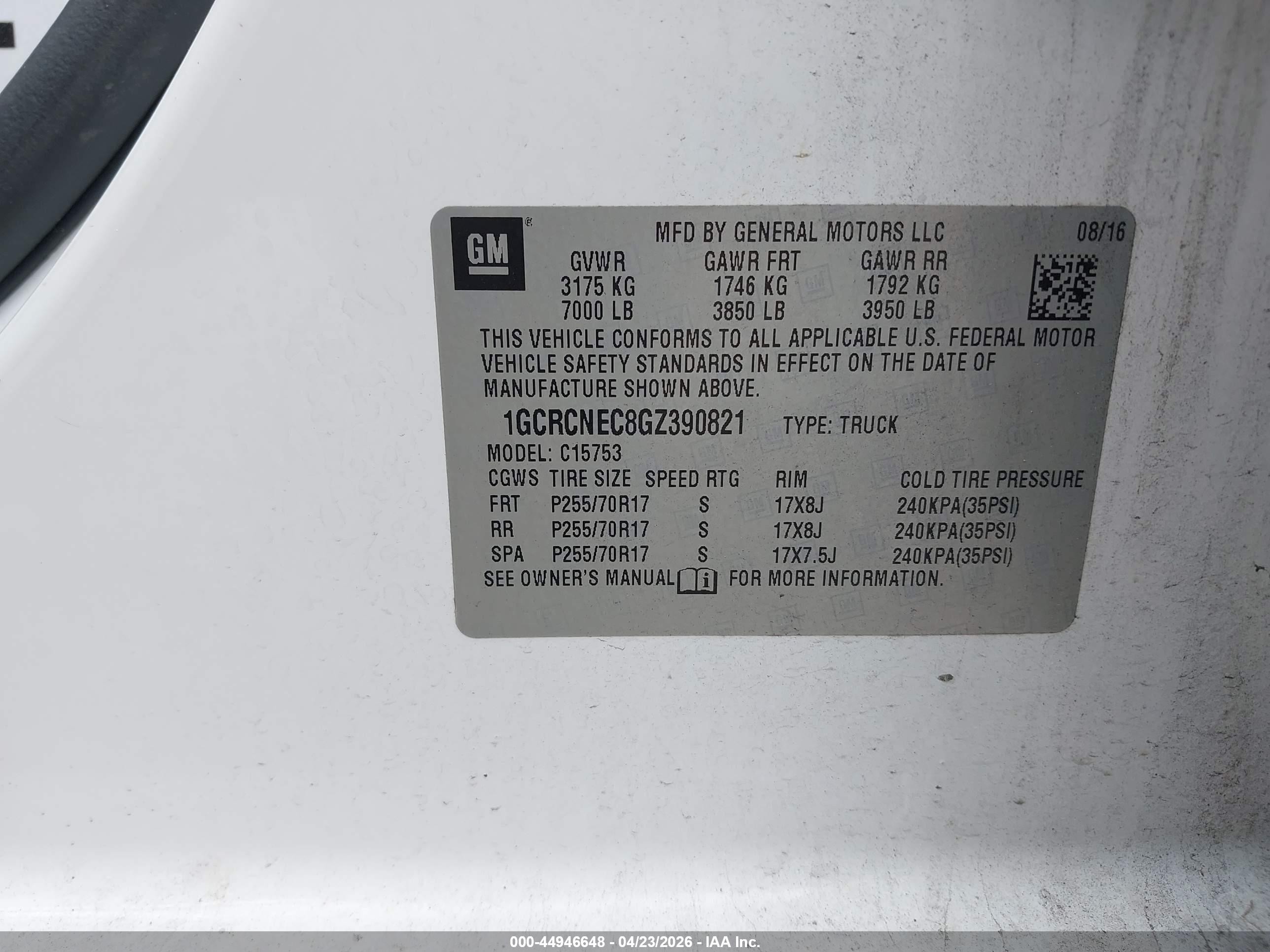 2016 Chevrolet Silverado 1500 VIN 1GCRCNEC8GZ390821 IAAI salvage auction — Front End, Original (Texas), sold $3,850 on 2026-07-07 (photo 9)