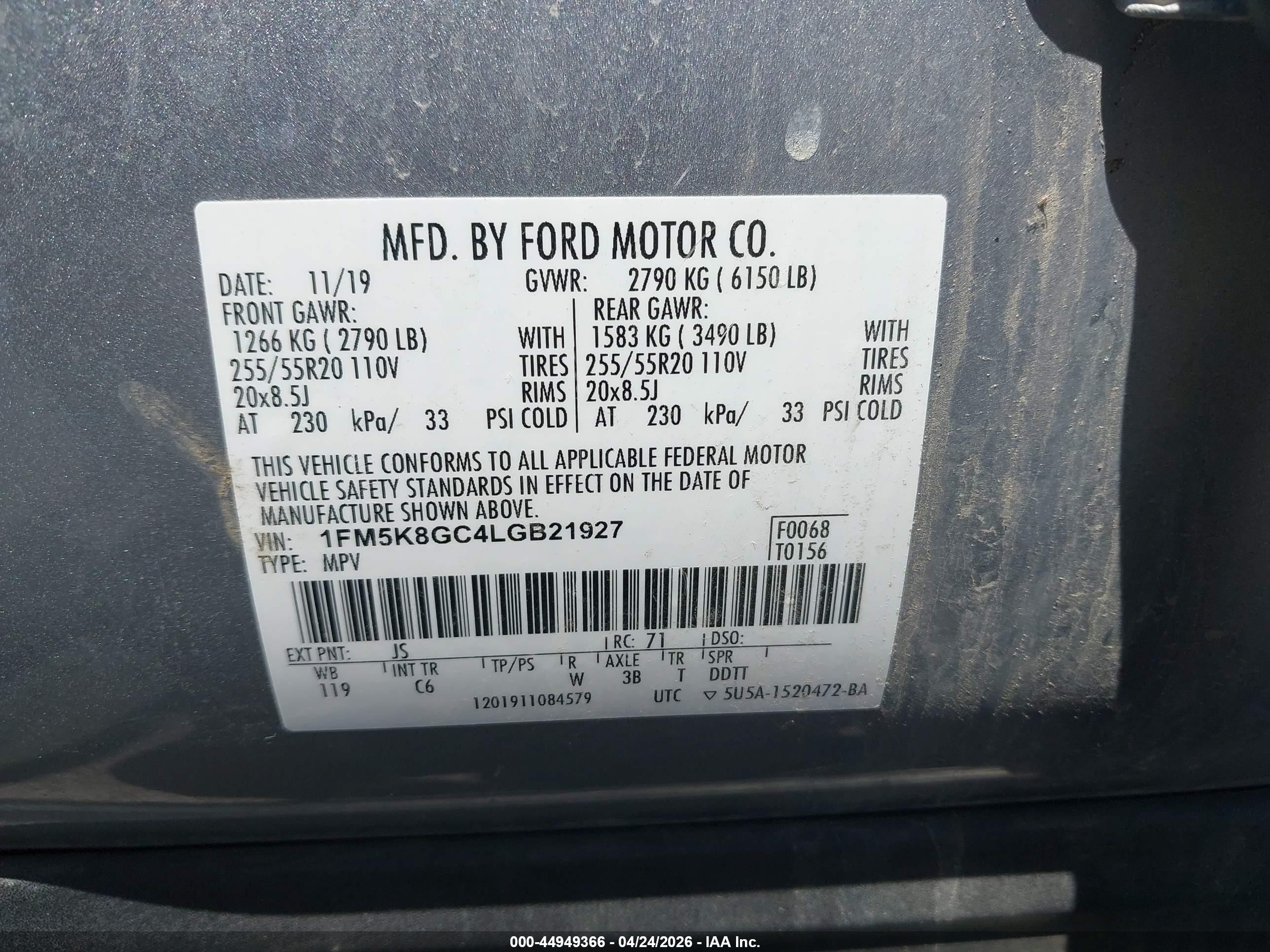 2020 Ford Explorer VIN 1FM5K8GC4LGB21927 IAAI salvage auction — Rear End, Salvage Certificate (California), sold $8,450 on 2026-07-10 (photo 9)