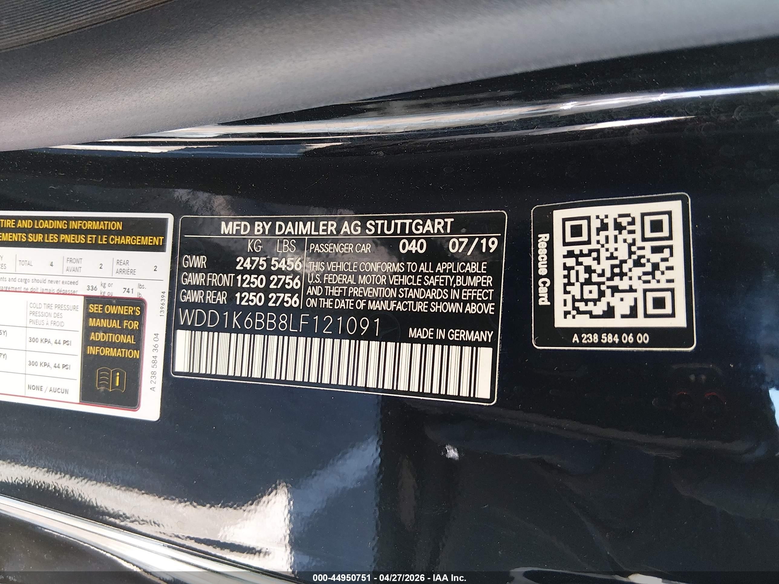 2020 Mercedes-Benz E-Class VIN WDD1K6BB8LF121091 IAAI salvage auction — Front End, Salvage (New Jersey), sold $15,150 on 2026-08-24 (photo 9)