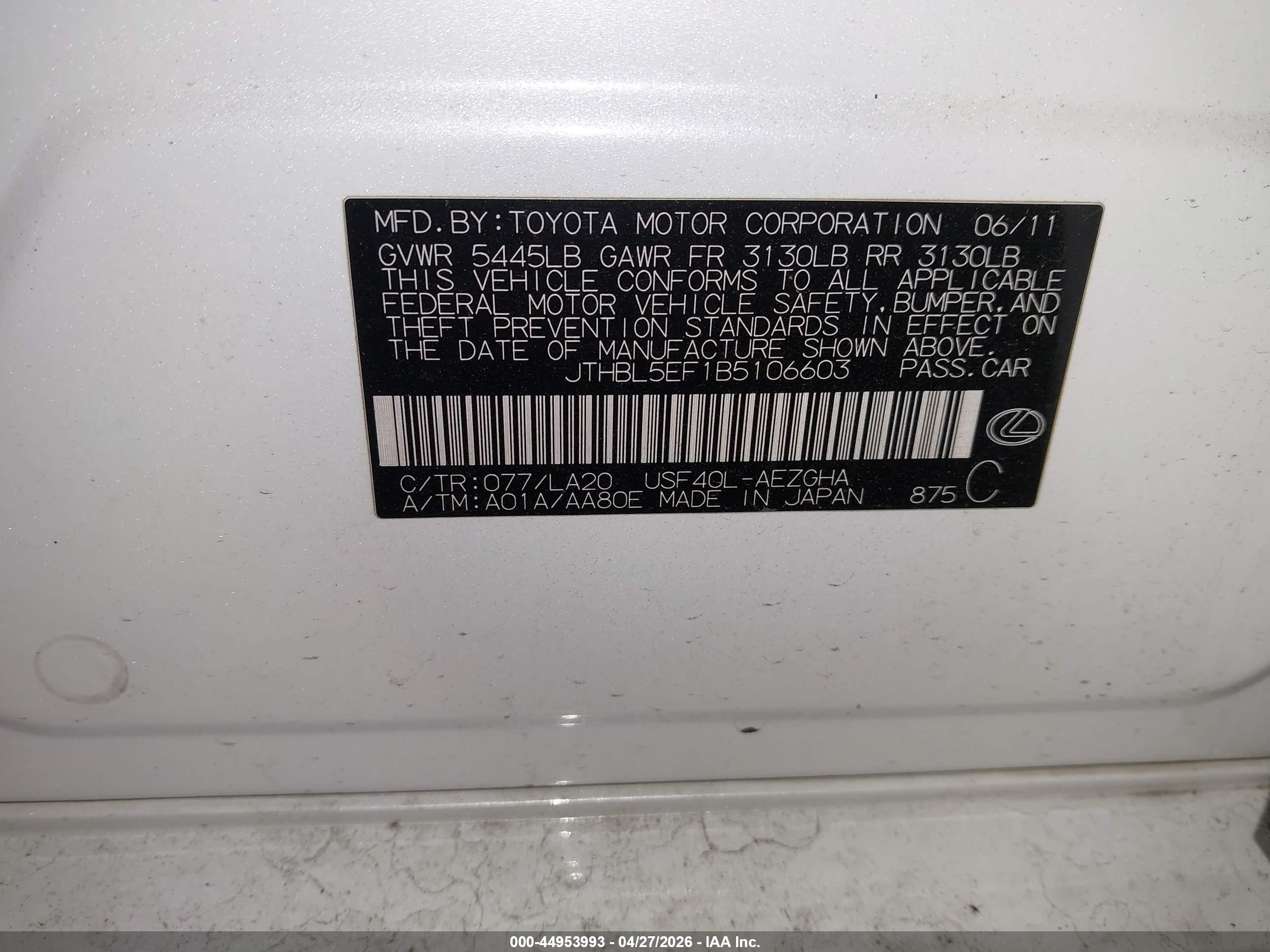 2011 Lexus LS 460 VIN JTHBL5EF1B5106603 IAAI salvage auction — Side, Salvage (Oregon), sold $800 on 2026-07-09 (photo 9)