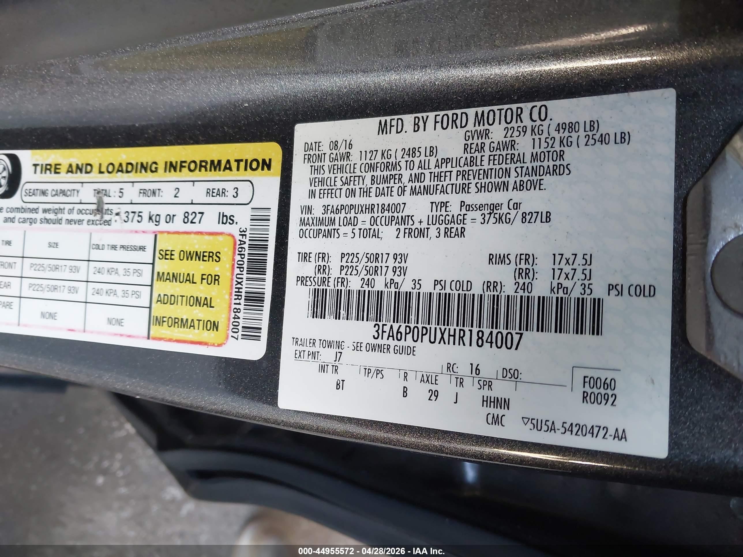 2017 Ford Fusion VIN 3FA6P0PUXHR184007 IAAI salvage auction — Front End, Salvage (California), sold $125 on 2026-07-02 (photo 9)