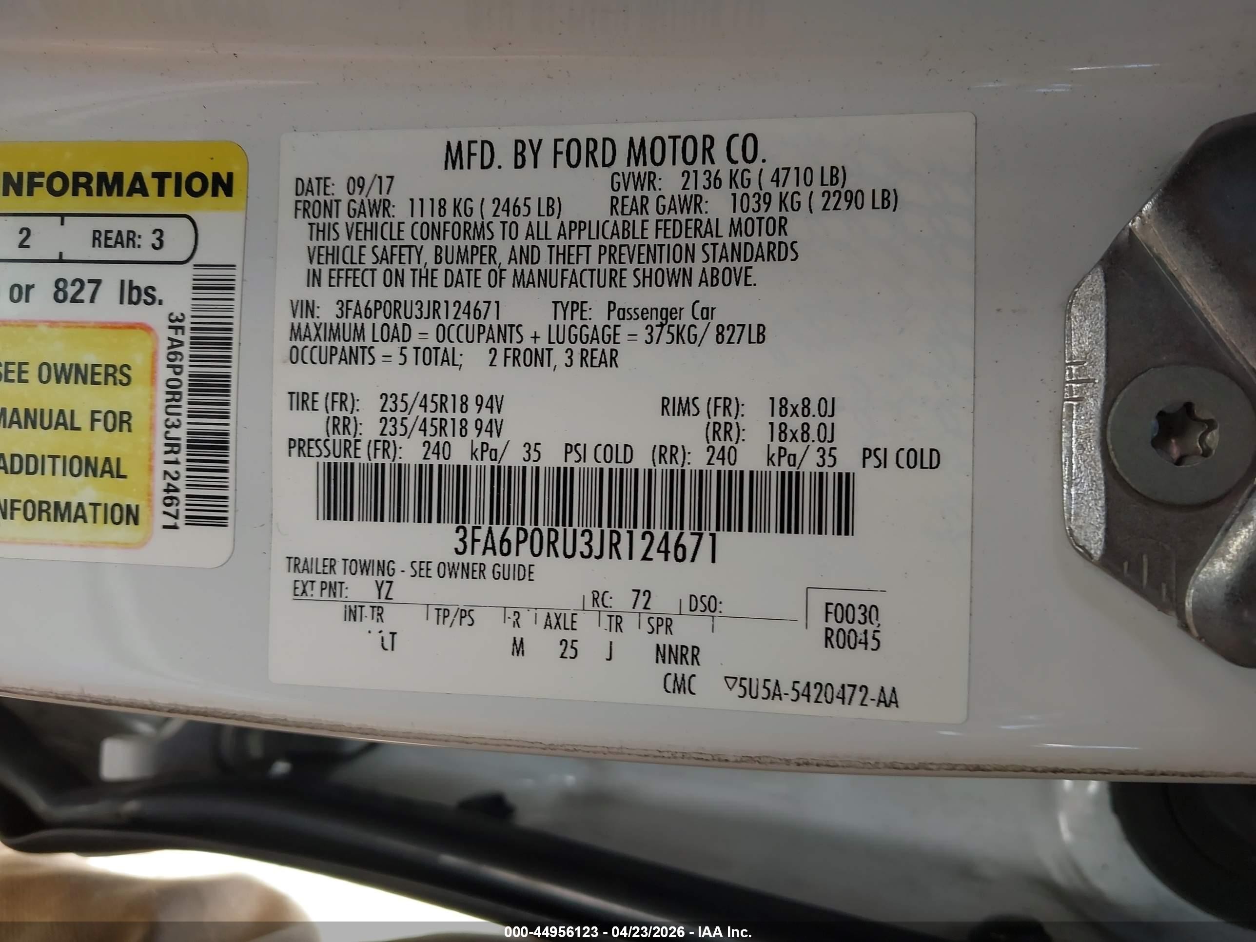 2018 Ford Fusion VIN 3FA6P0RU3JR124671 IAAI salvage auction — Front End, Salvage (California), sold $975 on 2026-07-09 (photo 9)