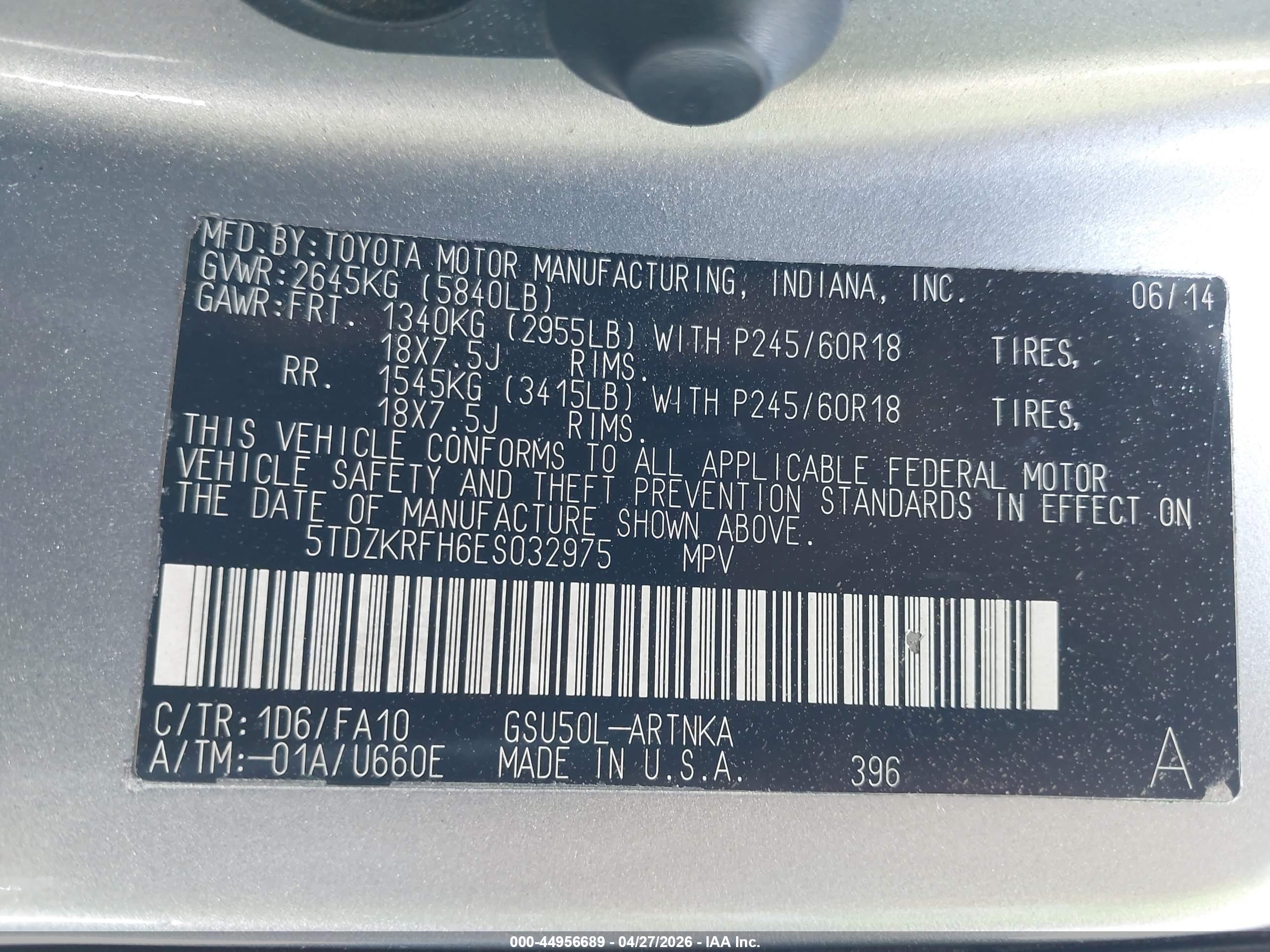 2014 Toyota Highlander VIN 5TDZKRFH6ES032975 IAAI salvage auction — Front End, Salvage (California), sold $4,300 on 2026-07-09 (photo 9)