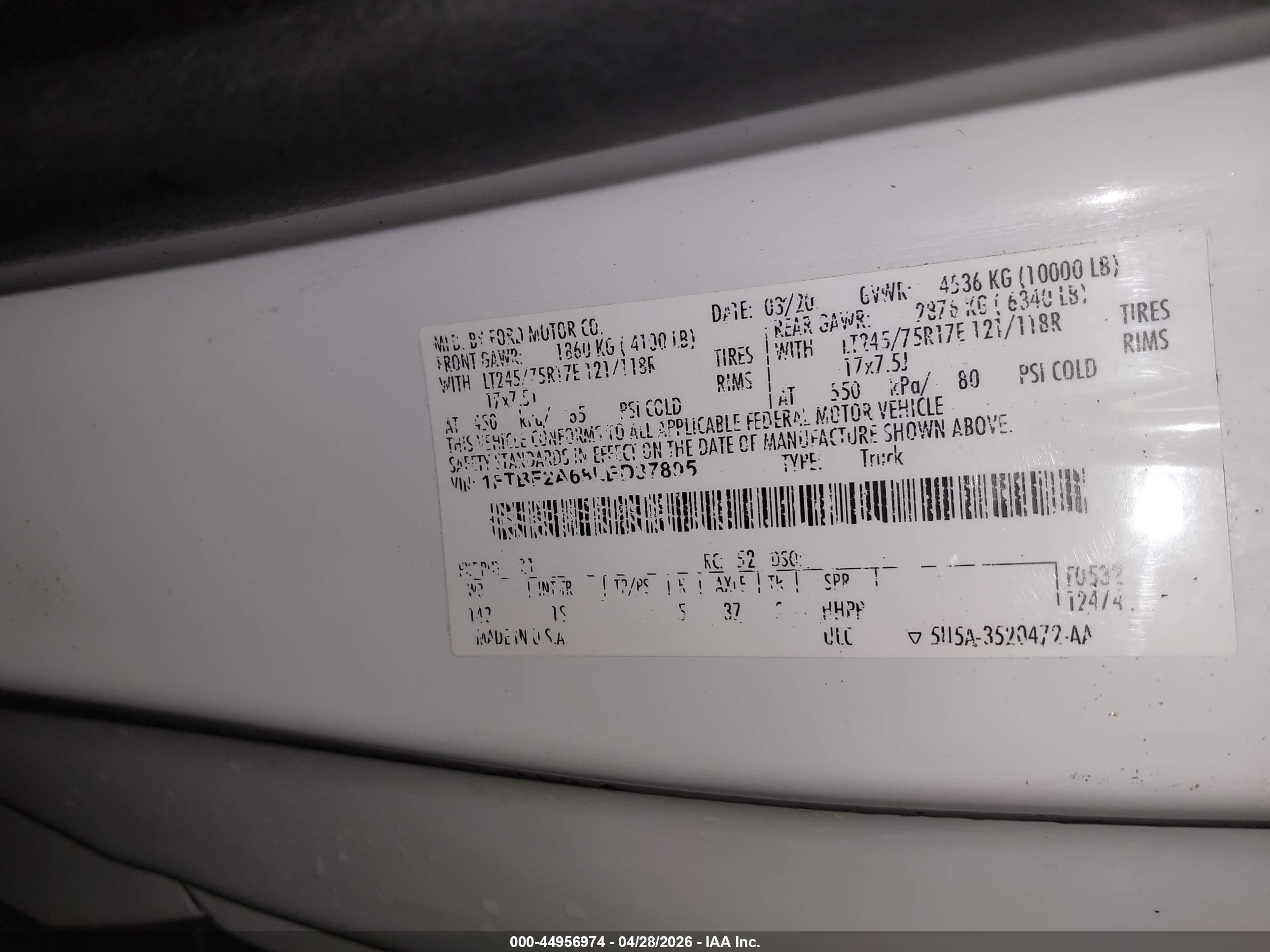 2020 Ford F-250 VIN 1FTBF2A68LED37805 IAAI salvage auction — Front End, Salvage (Idaho), sold $3,300 on 2026-07-01 (photo 9)