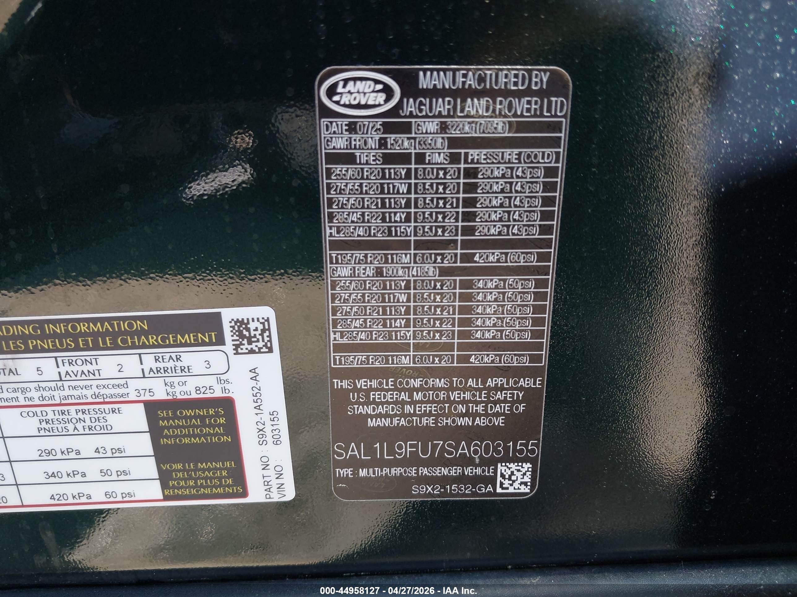 2025 Land Rover Range Rover Sport VIN SAL1L9FU7SA603155 IAAI salvage auction — Front End, Salvage (Idaho), sold $45,750 on 2026-07-10 (photo 9)