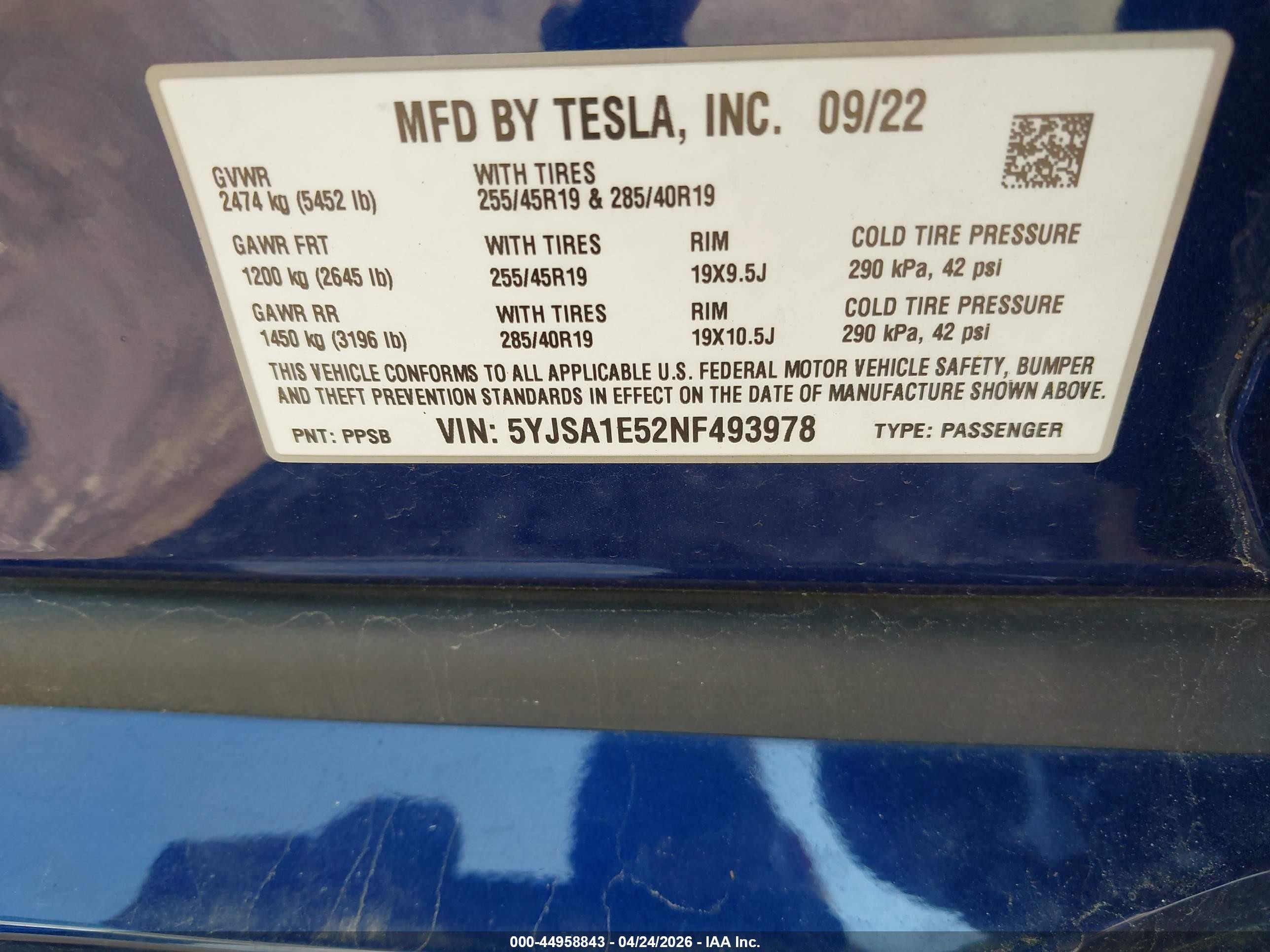 2022 Tesla Model S VIN 5YJSA1E52NF493978 IAAI salvage auction — Front & Rear, Salvage (Texas), sold $8,700 on 2026-06-30 (photo 9)