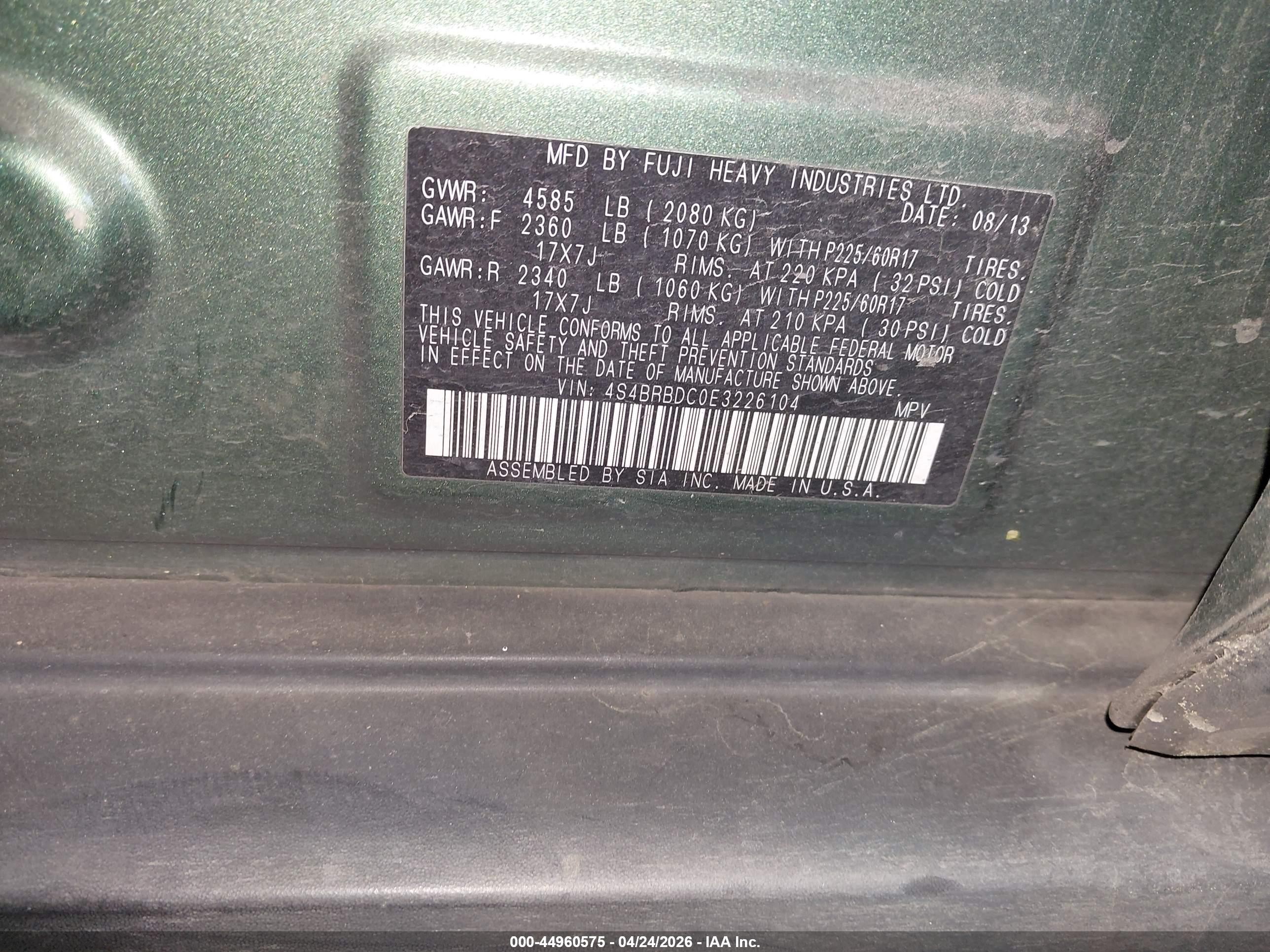 2014 Subaru Outback VIN 4S4BRBDC0E3226104 IAAI salvage auction — Front & Rear, Salvage (Oregon), sold $1,150 on 2026-07-09 (photo 9)