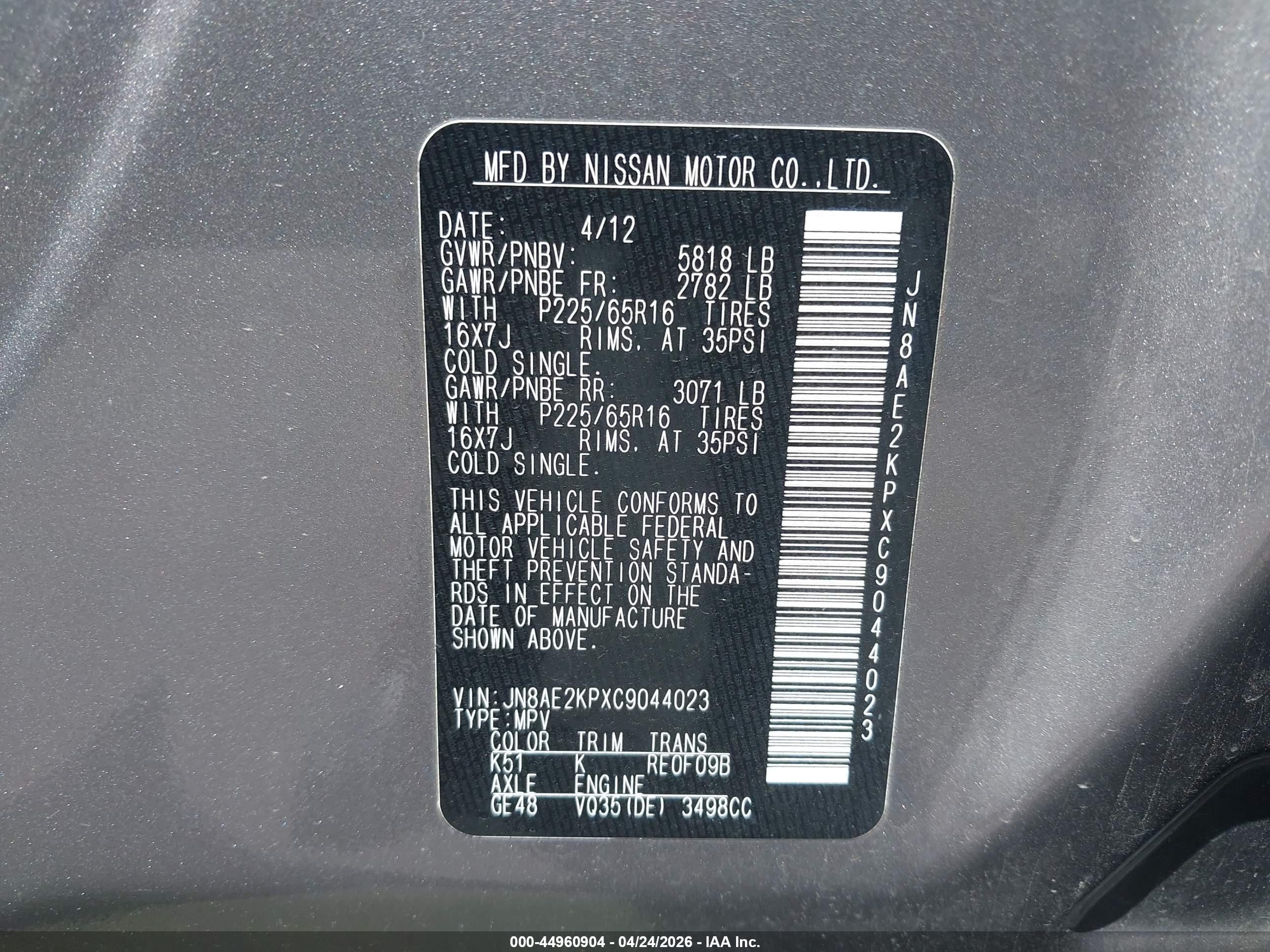 2012 Nissan Quest VIN JN8AE2KPXC9044023 IAAI salvage auction — Side, Salvage (Utah), sold $350 on 2026-07-09 (photo 9)