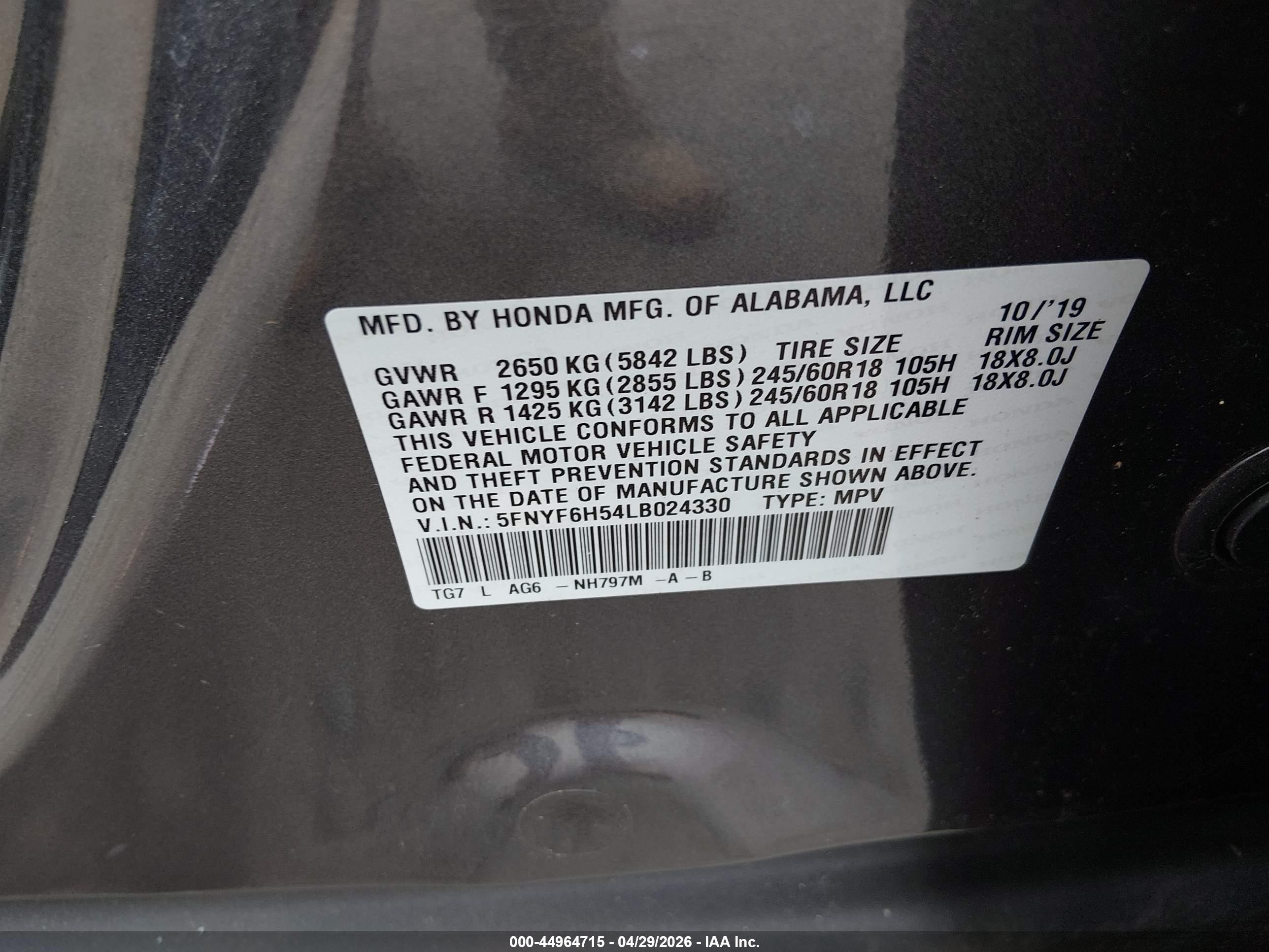 2020 Honda Pilot VIN 5FNYF6H54LB024330 IAAI salvage auction — Unknown, Salvage (New Jersey), sold $8,700 on 2026-10-14 (photo 9)