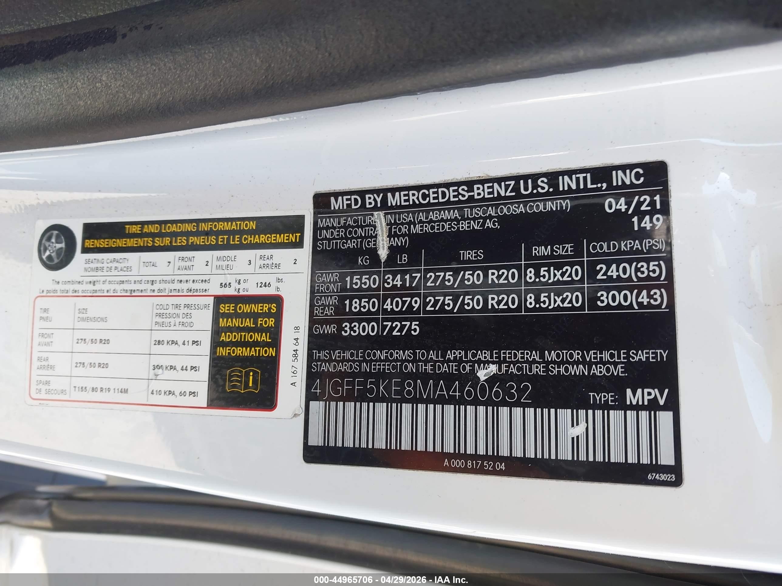 2021 Mercedes-Benz GLS-Class VIN 4JGFF5KE8MA460632 IAAI salvage auction — Unknown, Salvage (California), sold $14,550 on 2026-07-09 (photo 9)