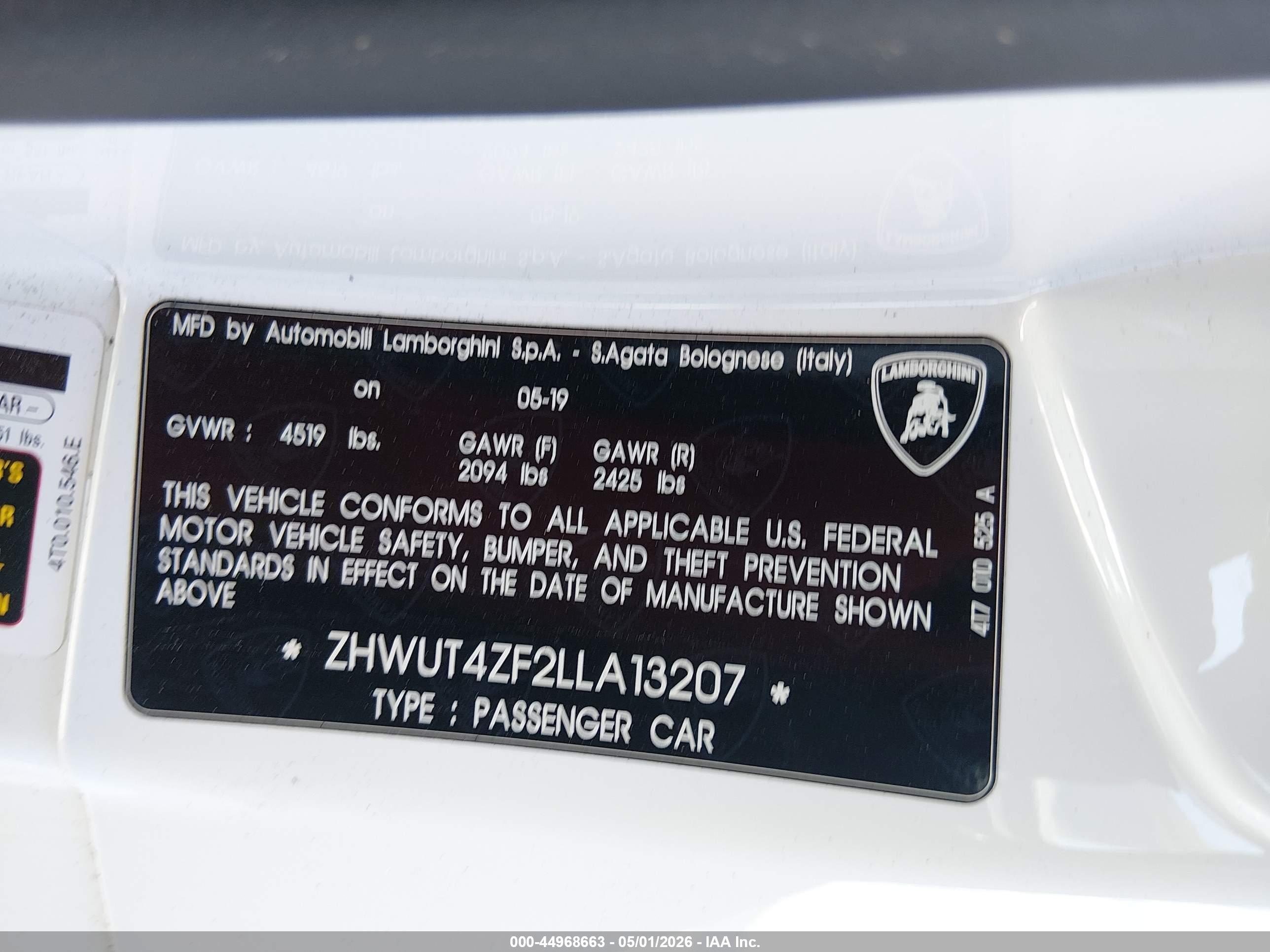2020 Lamborghini Huracan VIN ZHWUT4ZF2LLA13207 IAAI salvage auction — All Over, Certificate Of Destruction (Florida), sold $55,000 on 2026-07-02 (photo 9)