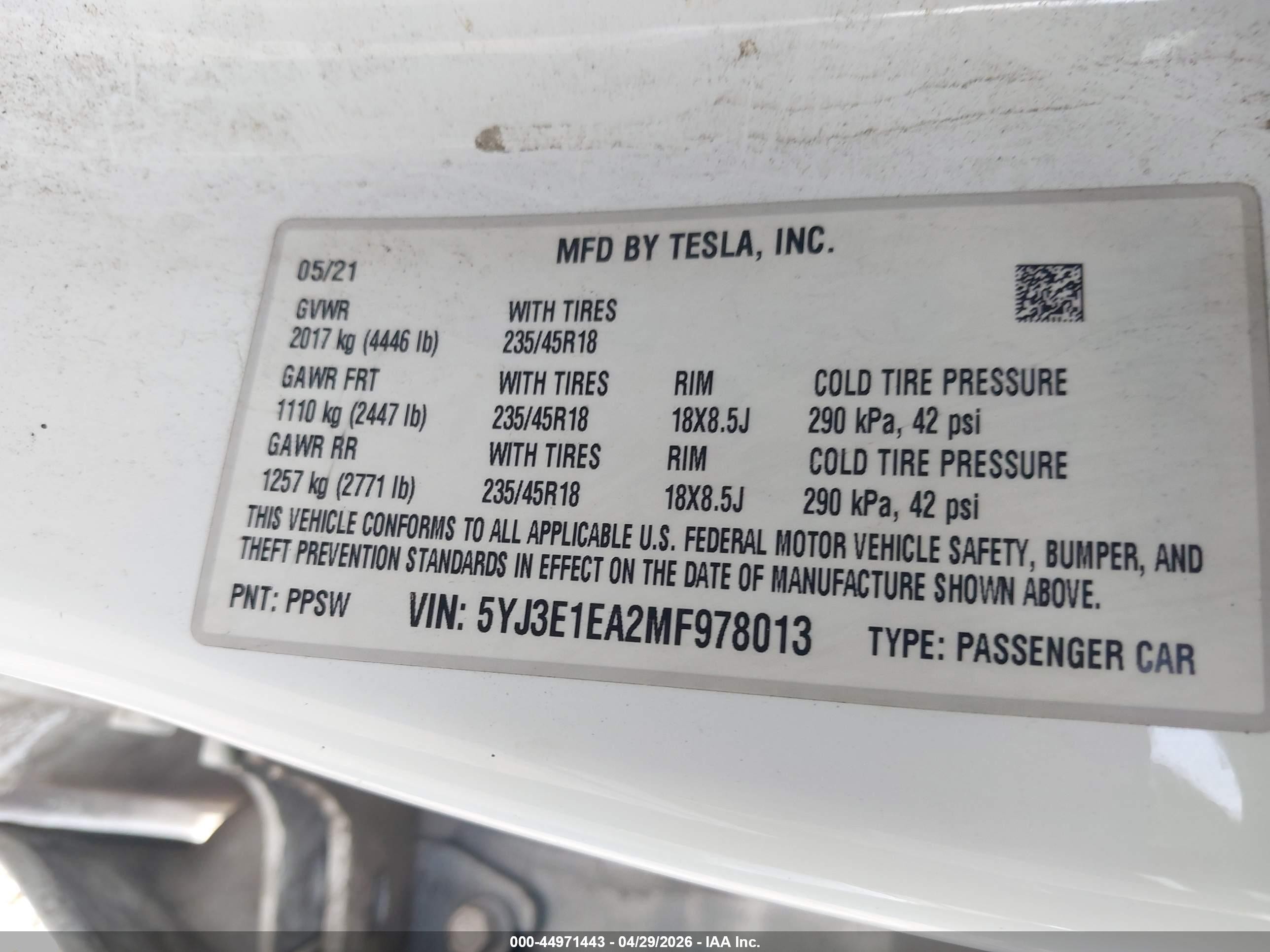 2021 Tesla Model 3 VIN 5YJ3E1EA2MF978013 IAAI salvage auction — Front End, Original (Texas), sold $4,150 on 2026-06-30 (photo 9)