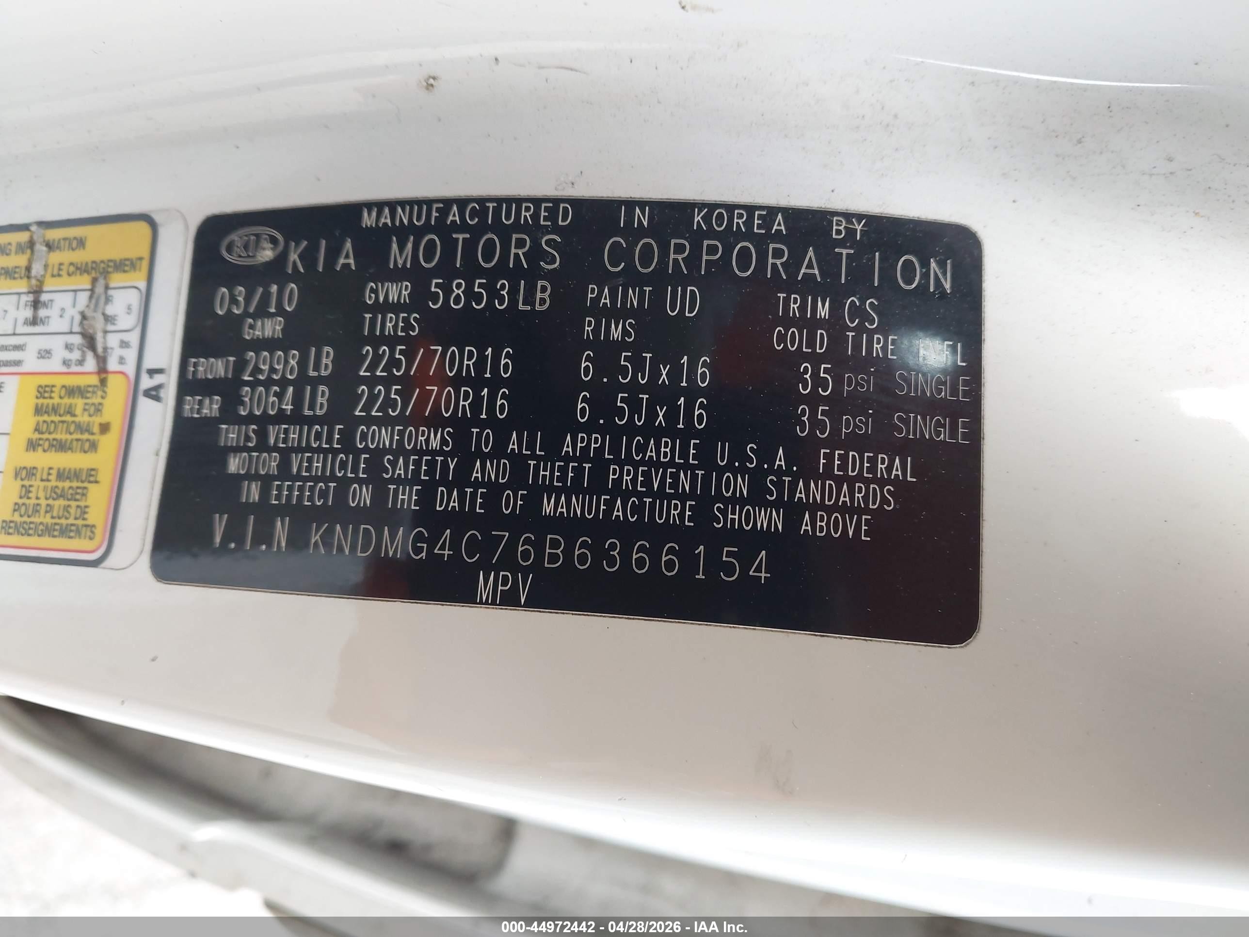 2011 Kia Sedona VIN KNDMG4C76B6366154 IAAI salvage auction — Front End, Salvage (Oregon), sold $300 on 2026-07-09 (photo 9)