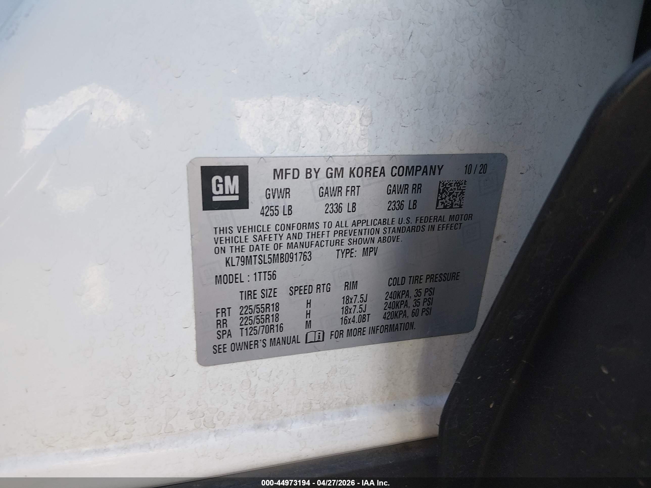 2021 Chevrolet Trailblazer VIN KL79MTSL5MB091763 IAAI salvage auction — Unknown, Salvage (Arizona), sold $4,200 on 2026-07-09 (photo 9)