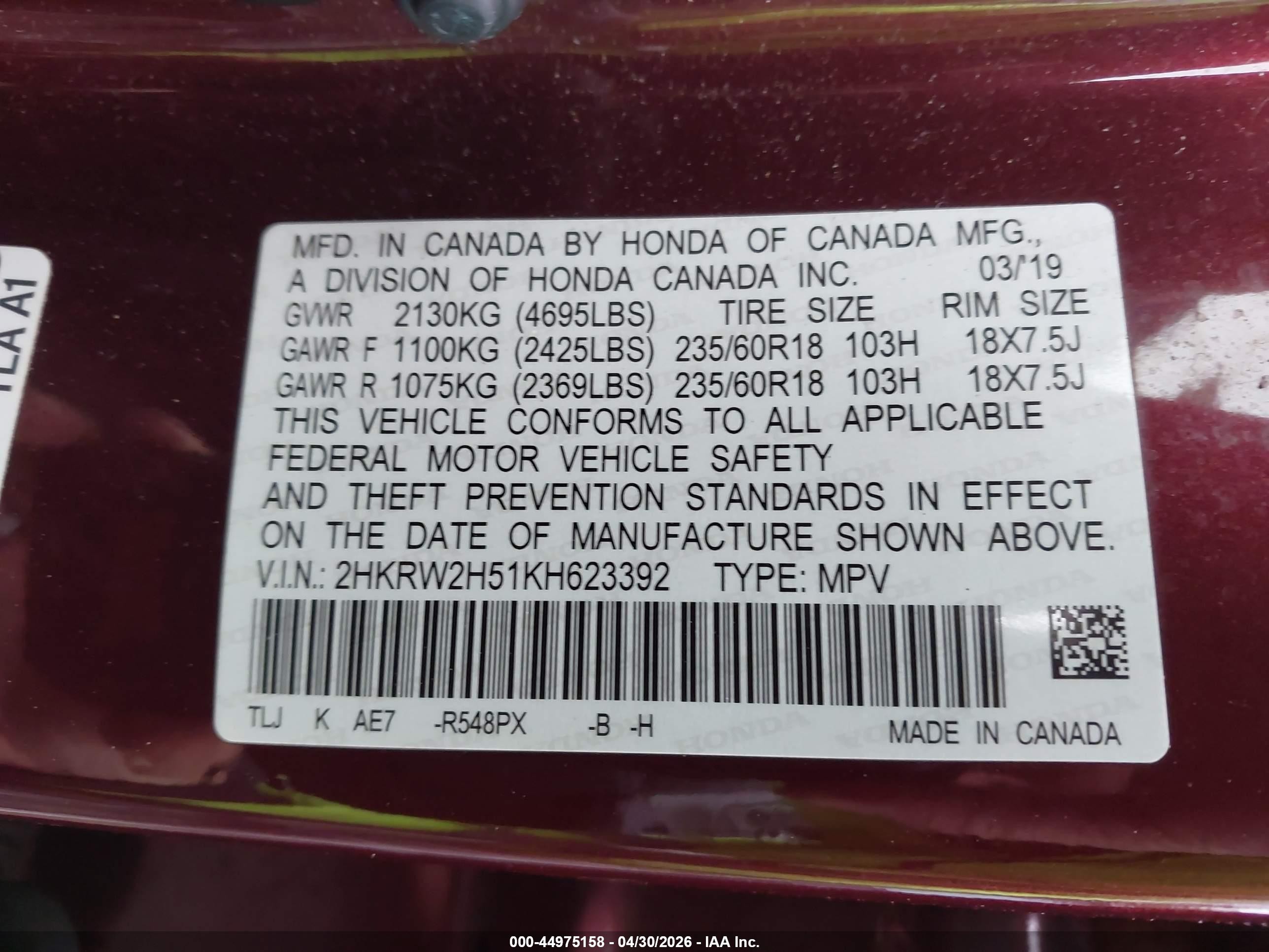 2019 Honda CR-V VIN 2HKRW2H51KH623392 IAAI salvage auction — Rear End, Salvage (Massachusetts), sold $5,500 on 2026-07-10 (photo 9)