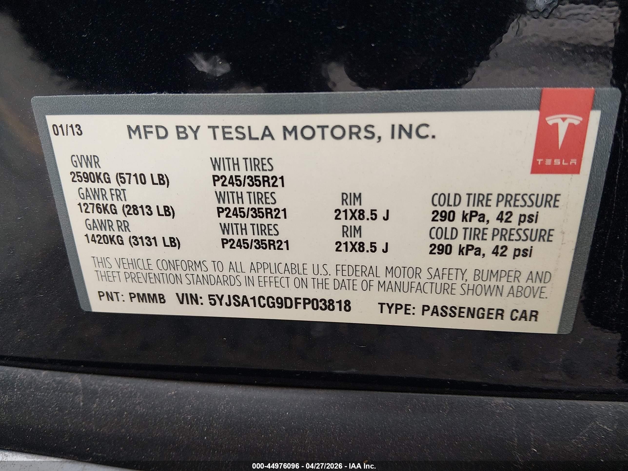 2013 Tesla Model S VIN 5YJSA1CG9DFP03818 IAAI salvage auction — Normal Wear, Clear (Colorado), sold $1,500 on 2026-06-30 (photo 9)
