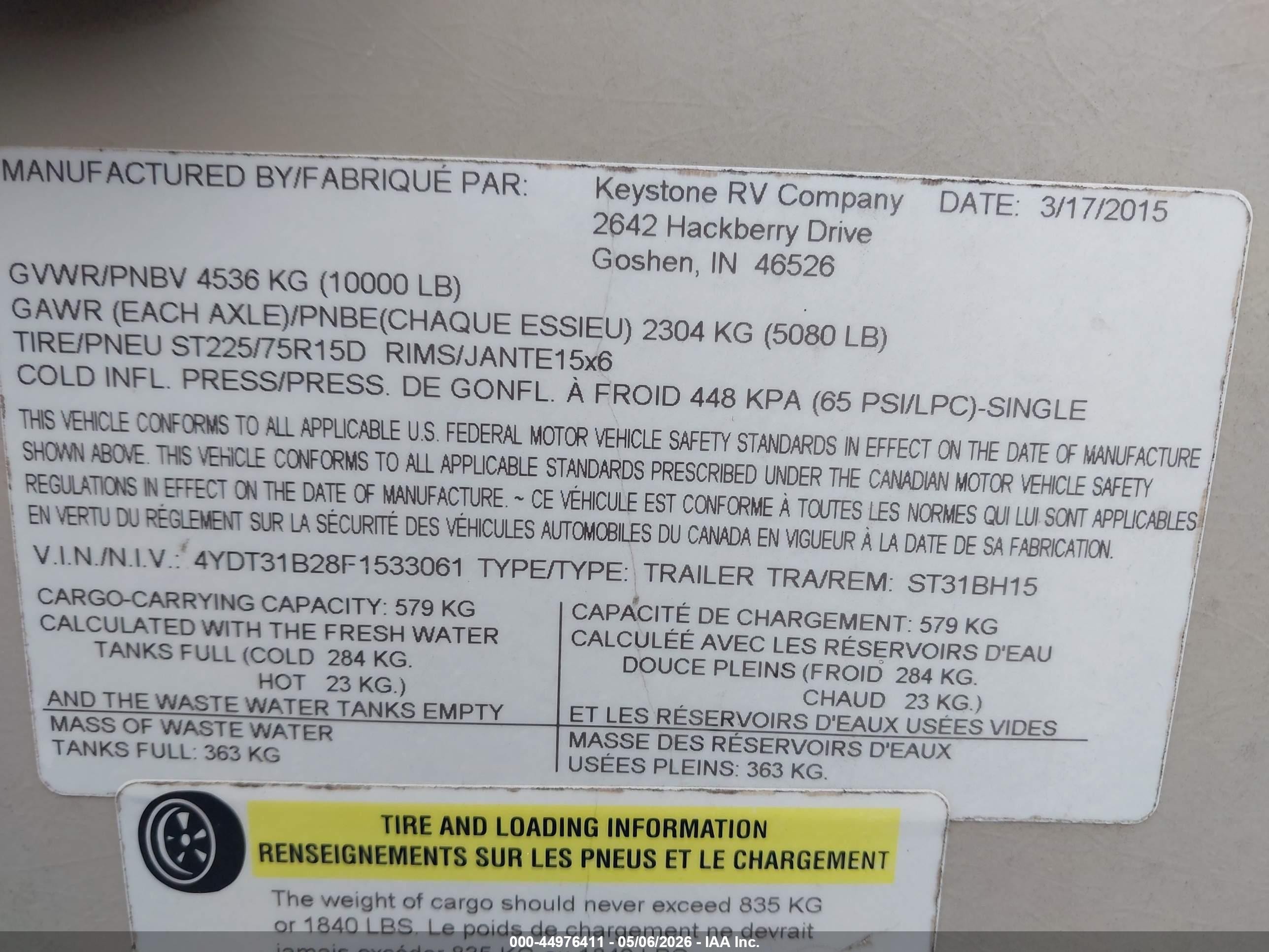 2015 Keystone Sprinter VIN 4YDT31B28F1533061 IAAI salvage auction — Side, Salvage (Pennsylvania), sold $750 on 2026-09-16 (photo 9)