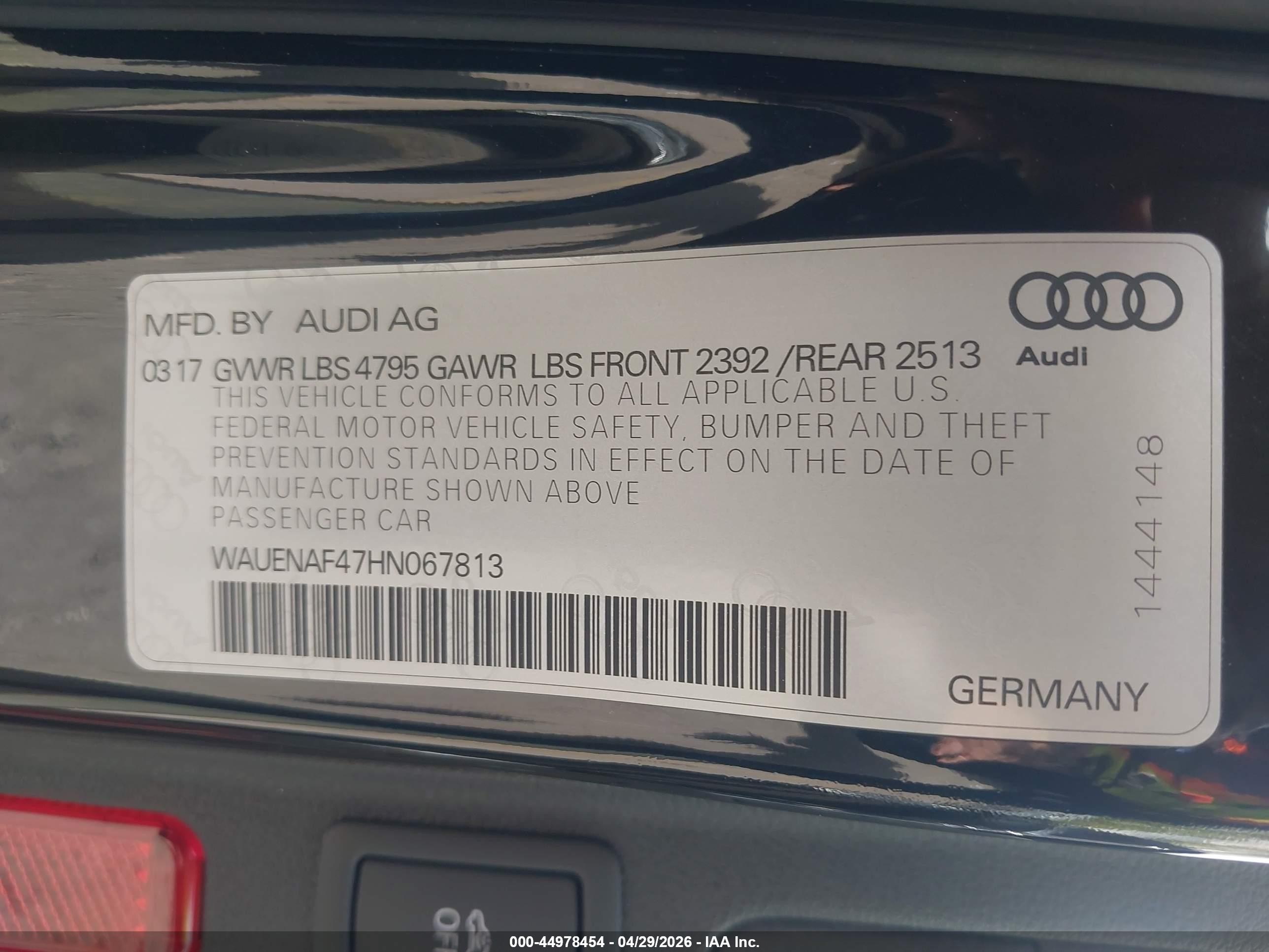 2017 Audi A4 VIN WAUENAF47HN067813 IAAI salvage auction — Rear End, Salvage (Utah), sold $4,150 on 2026-07-09 (photo 9)