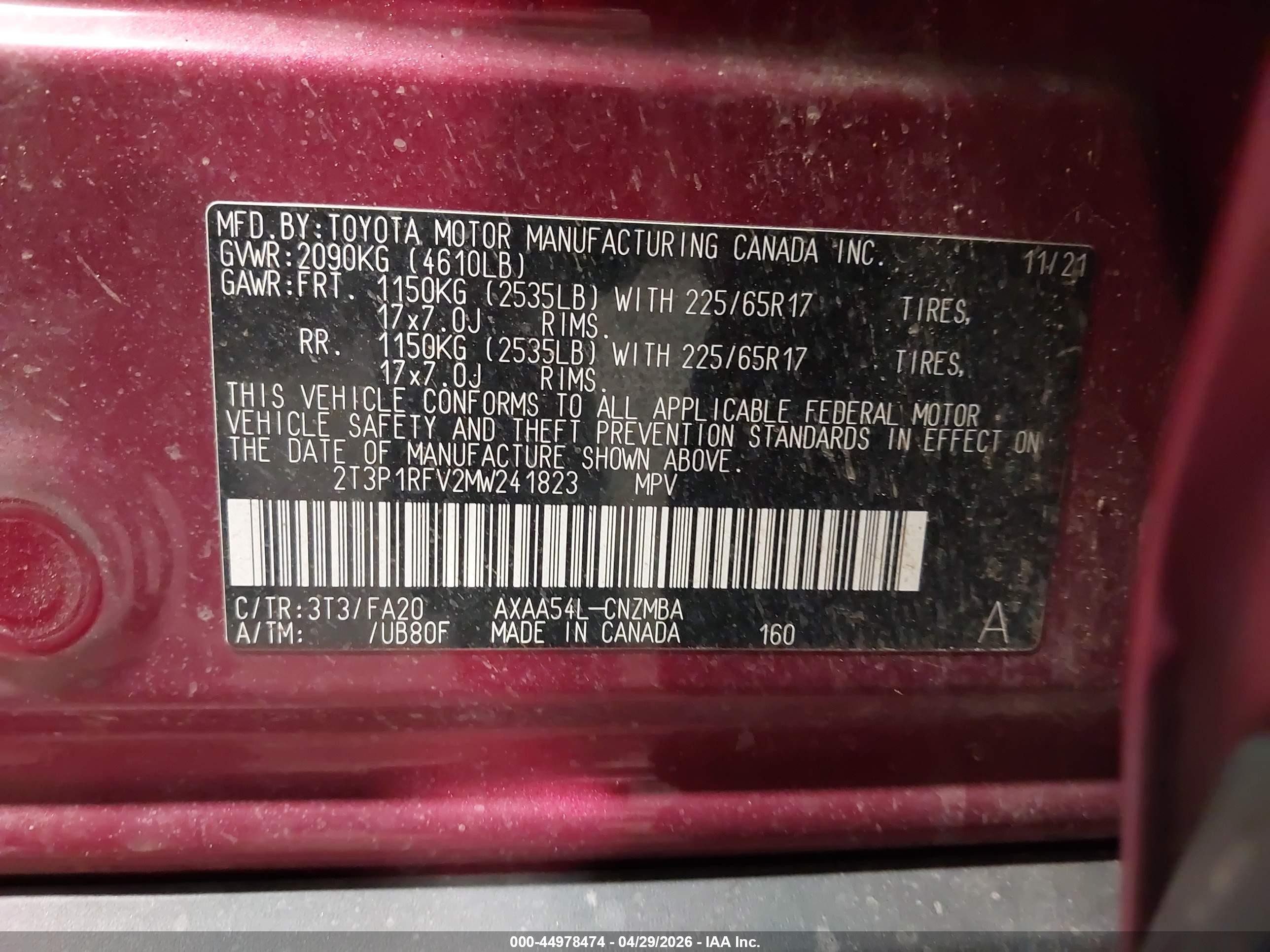 2021 Toyota RAV4 VIN 2T3P1RFV2MW241823 IAAI salvage auction — Front End, Salvage (Colorado), sold $8,100 on 2026-07-09 (photo 9)