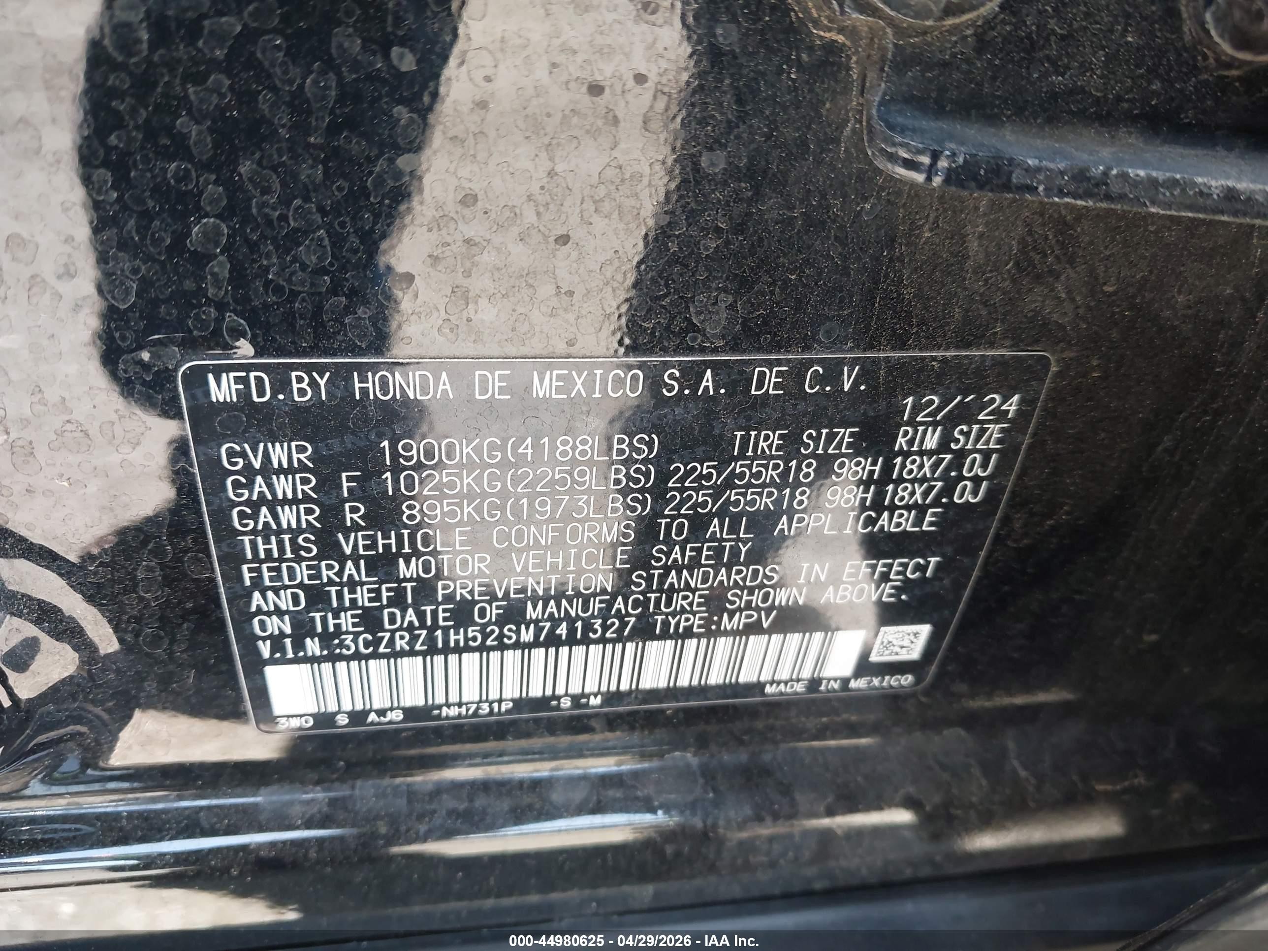 2025 Honda HR-V VIN 3CZRZ1H52SM741327 IAAI salvage auction — Front End, Salvage Certificate (California), sold $7,500 on 2026-07-10 (photo 9)