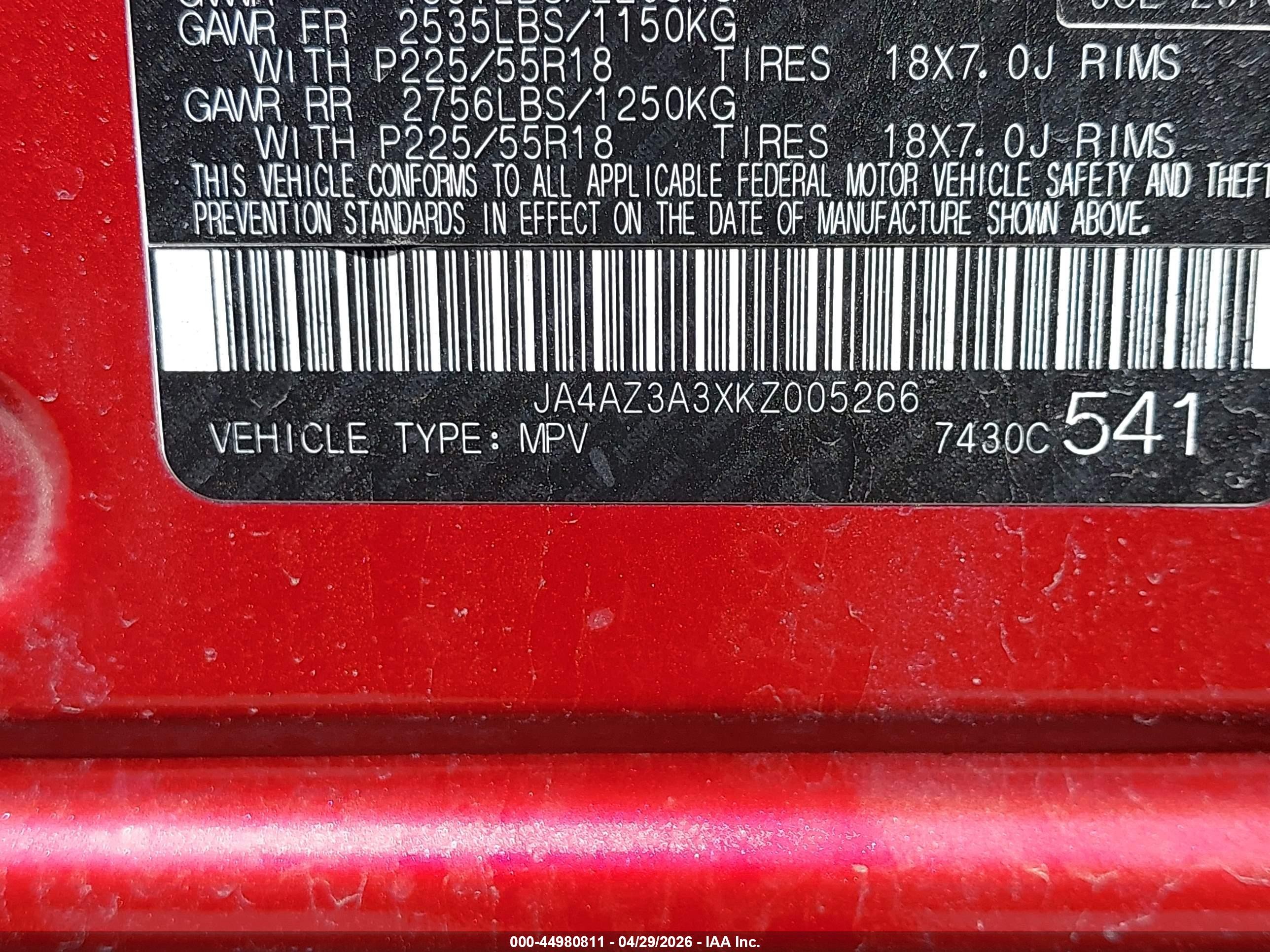 2019 Mitsubishi Outlander VIN JA4AZ3A3XKZ005266 IAAI salvage auction — Rear End, Salvage (California), sold $3,600 on 2026-09-26 (photo 9)