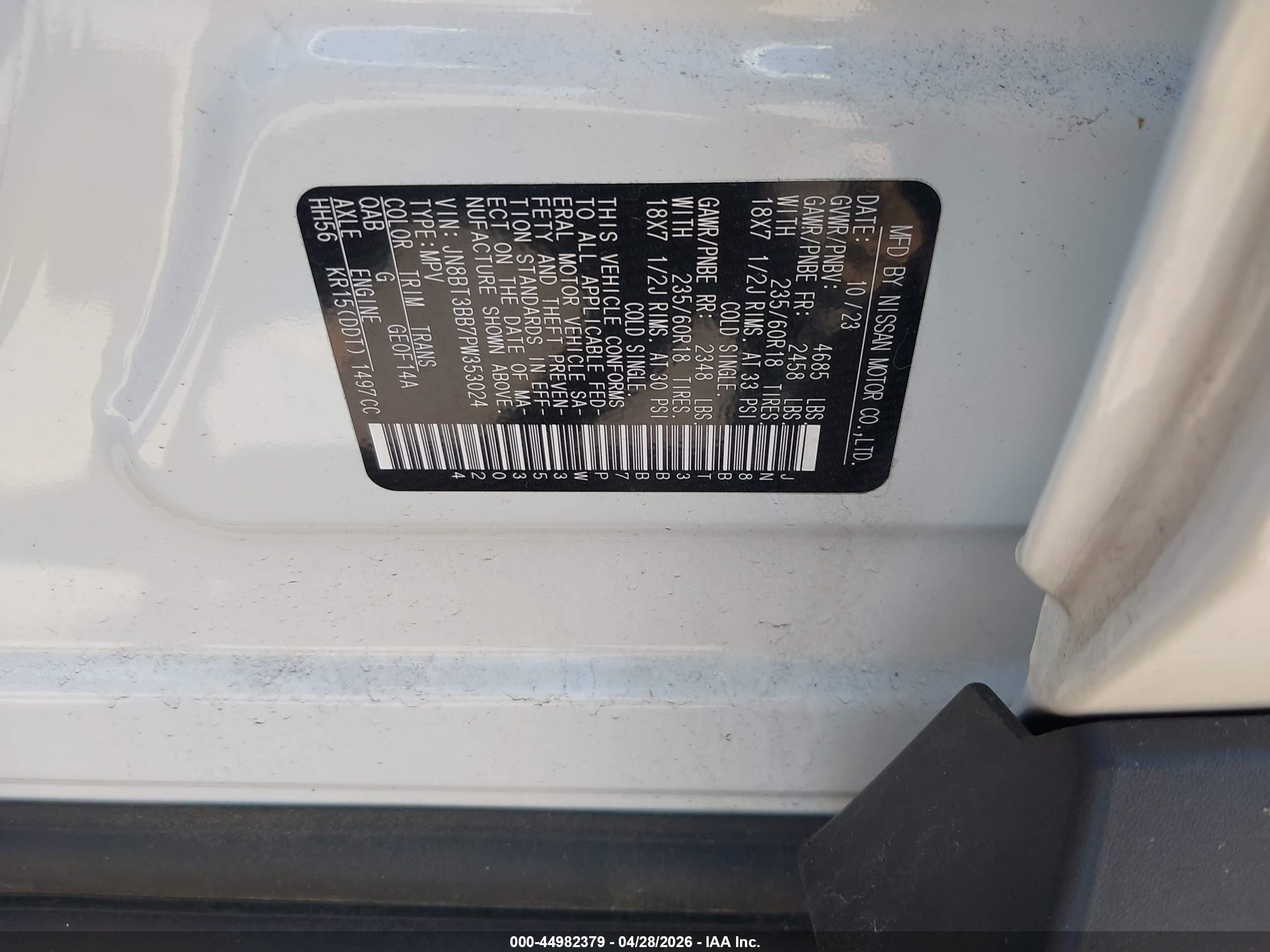 2023 Nissan Rogue VIN JN8BT3BB7PW353024 IAAI salvage auction — Front End, Salvage (Massachusetts), sold $6,200 on 2026-07-10 (photo 9)