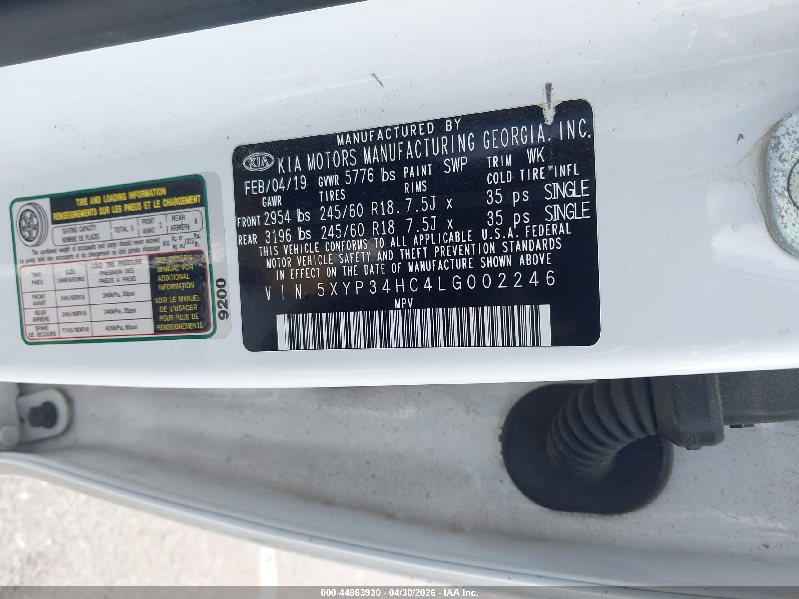 2020 Kia Telluride VIN 5XYP34HC4LG002246 IAAI salvage auction — Theft, Salvage (Colorado), sold $3,900 on 2026-07-02 (photo 9)
