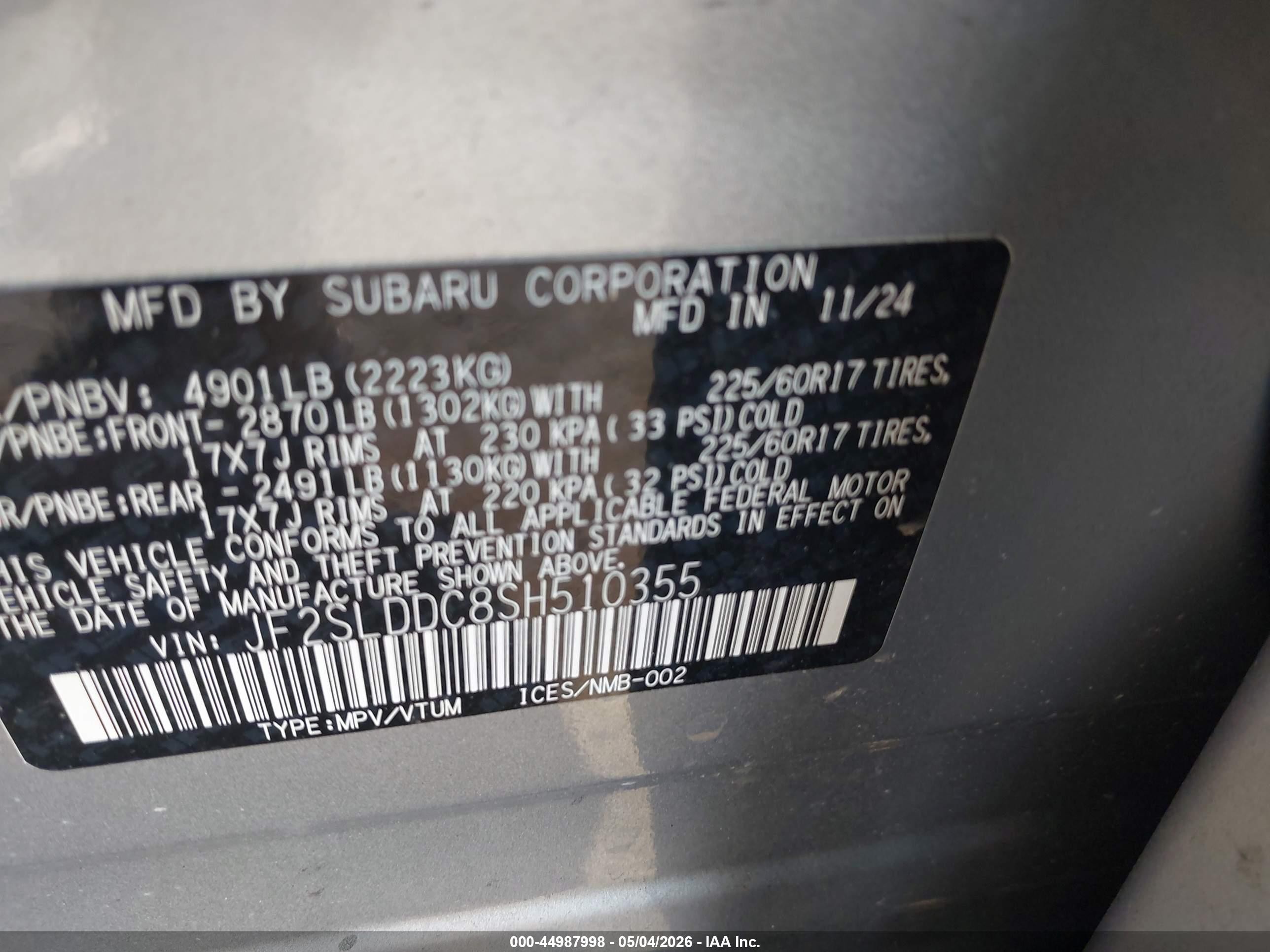 2025 Subaru Forester VIN JF2SLDDC8SH510355 IAAI salvage auction — Front End, Salvage (Virginia), sold $7,600 on 2026-07-10 (photo 9)