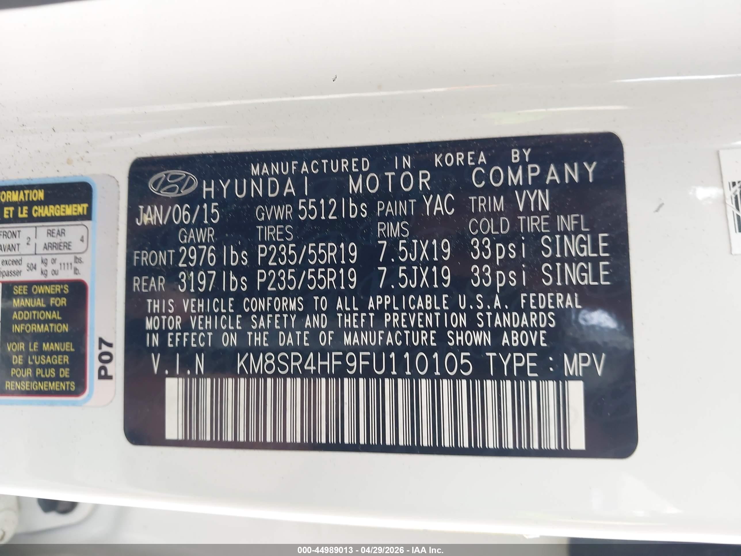 2015 Hyundai Santa Fe VIN KM8SR4HF9FU110105 IAAI salvage auction — Rear End, Salvage (Georgia), sold $2,900 on 2026-07-10 (photo 9)