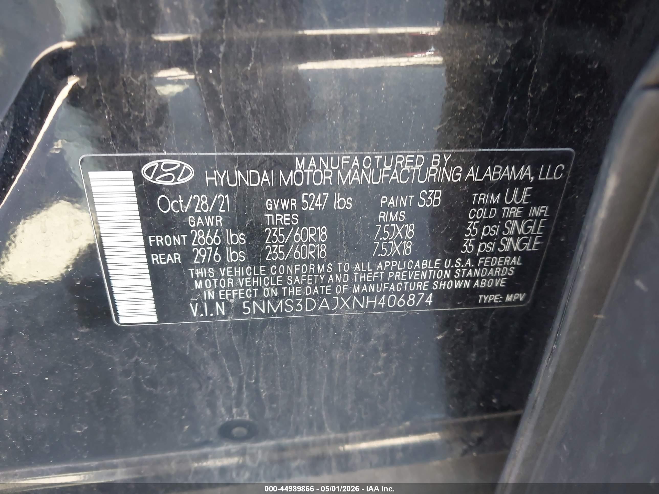 2022 Hyundai Santa Fe VIN 5NMS3DAJXNH406874 IAAI salvage auction — Side, Salvage (New Hampshire), sold $6,600 on 2026-07-12 (photo 9)