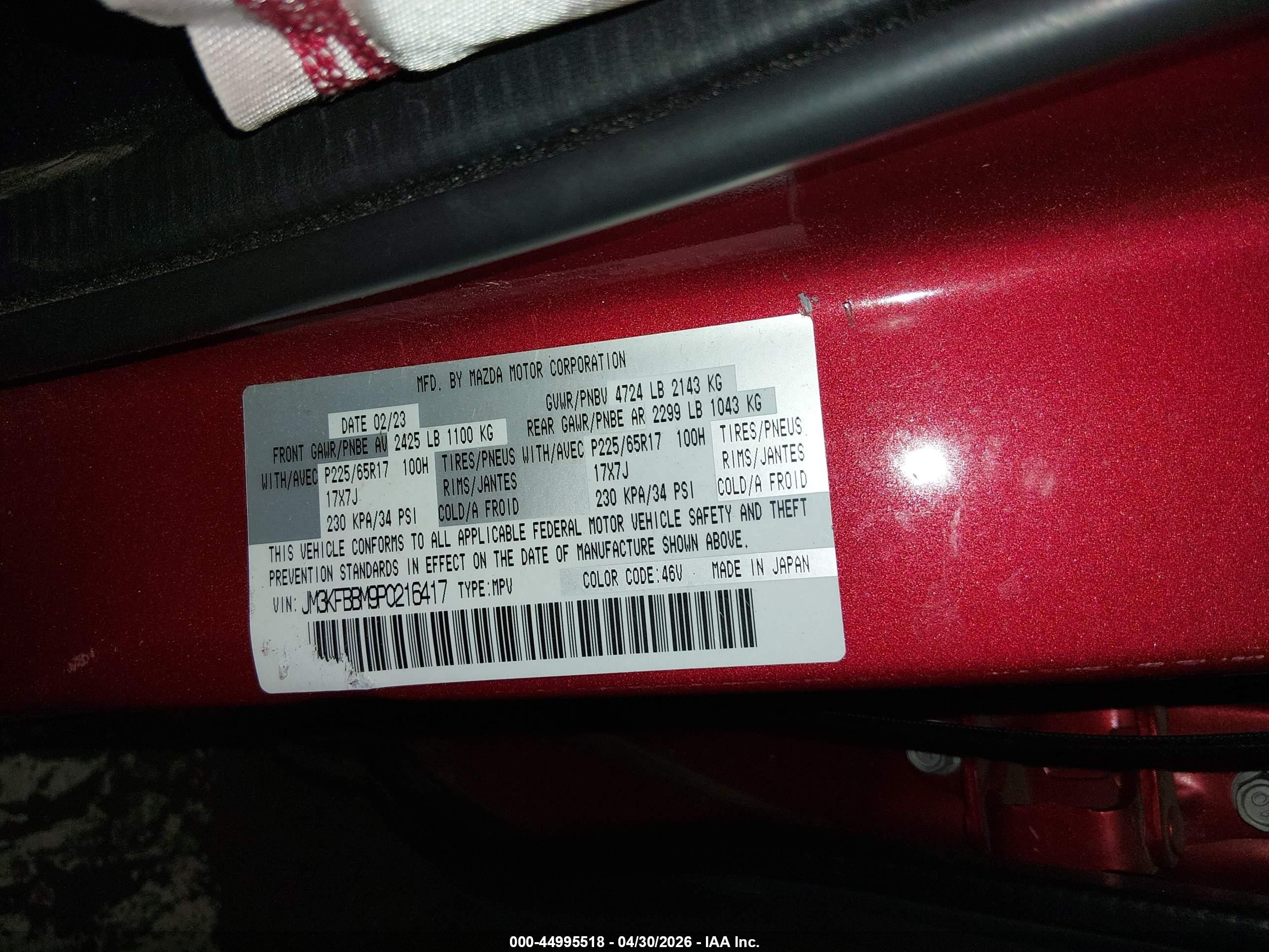 2023 Mazda CX-5 VIN JM3KFBBM9P0216417 IAAI salvage auction — Unknown, Salvage (Oregon), sold $5,400 on 2026-07-09 (photo 9)