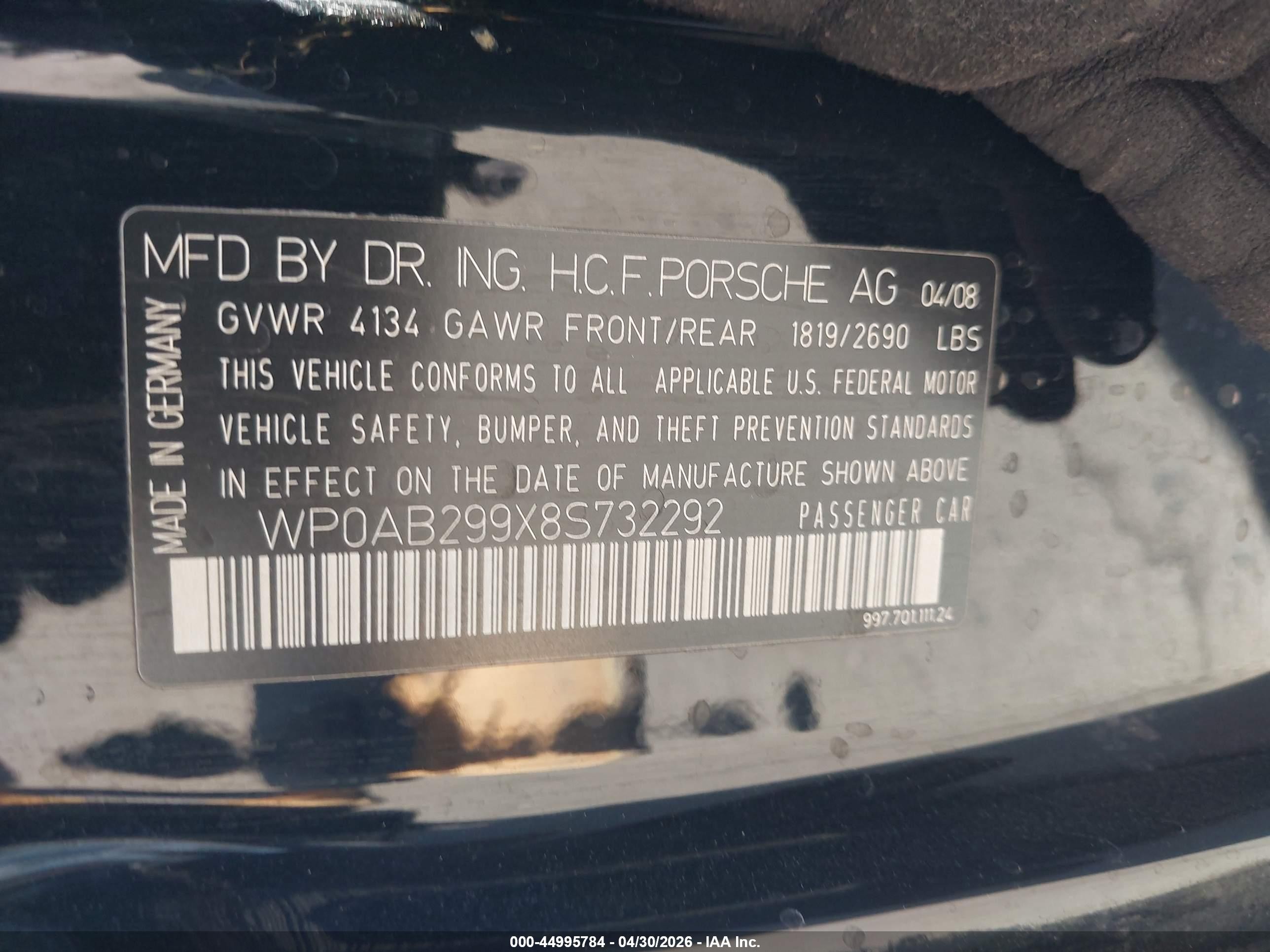 2008 Porsche 911 VIN WP0AB299X8S732292 IAAI salvage auction — Rear End, Salvage (Colorado), sold $25,300 on 2026-06-30 (photo 9)