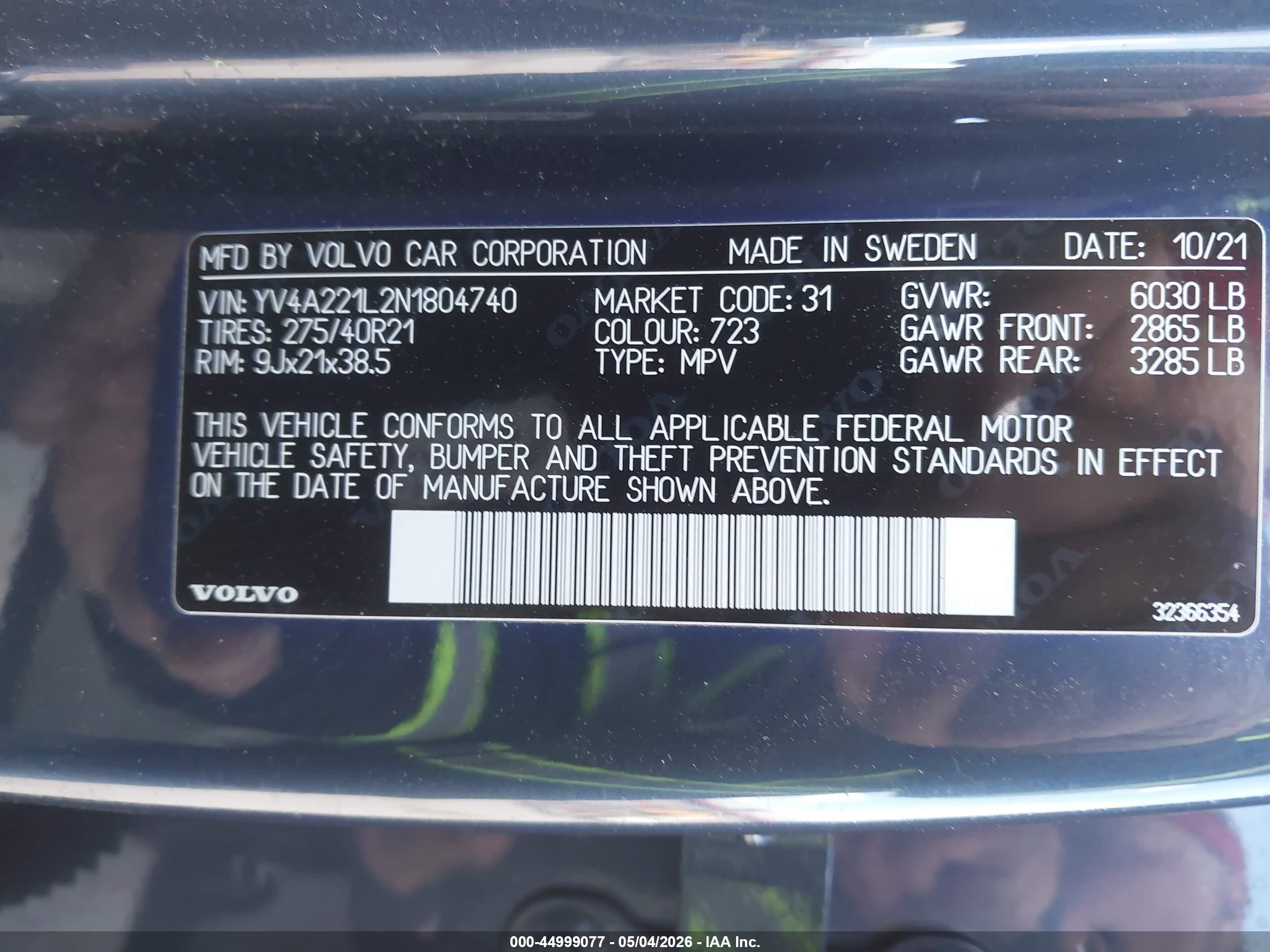 2022 Volvo XC90 VIN YV4A221L2N1804740 IAAI salvage auction — Unknown, Salvage (Idaho), sold $16,100 on 2026-07-04 (photo 9)