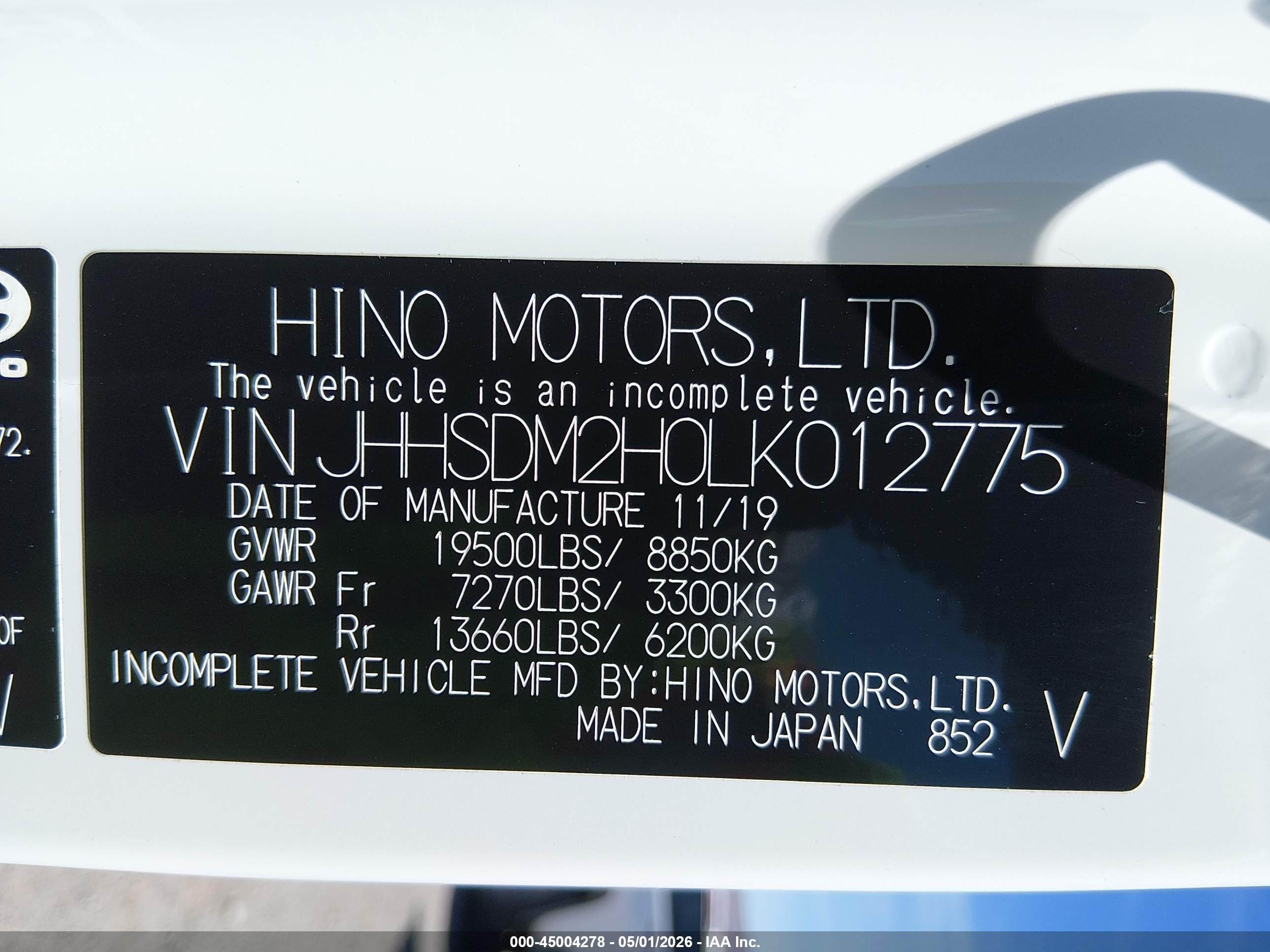 2020 Hino 195 VIN JHHSDM2H0LK012775 IAAI salvage auction — Normal Wear, Clear (Nevada), sold $6,800 on 2026-07-01 (photo 9)
