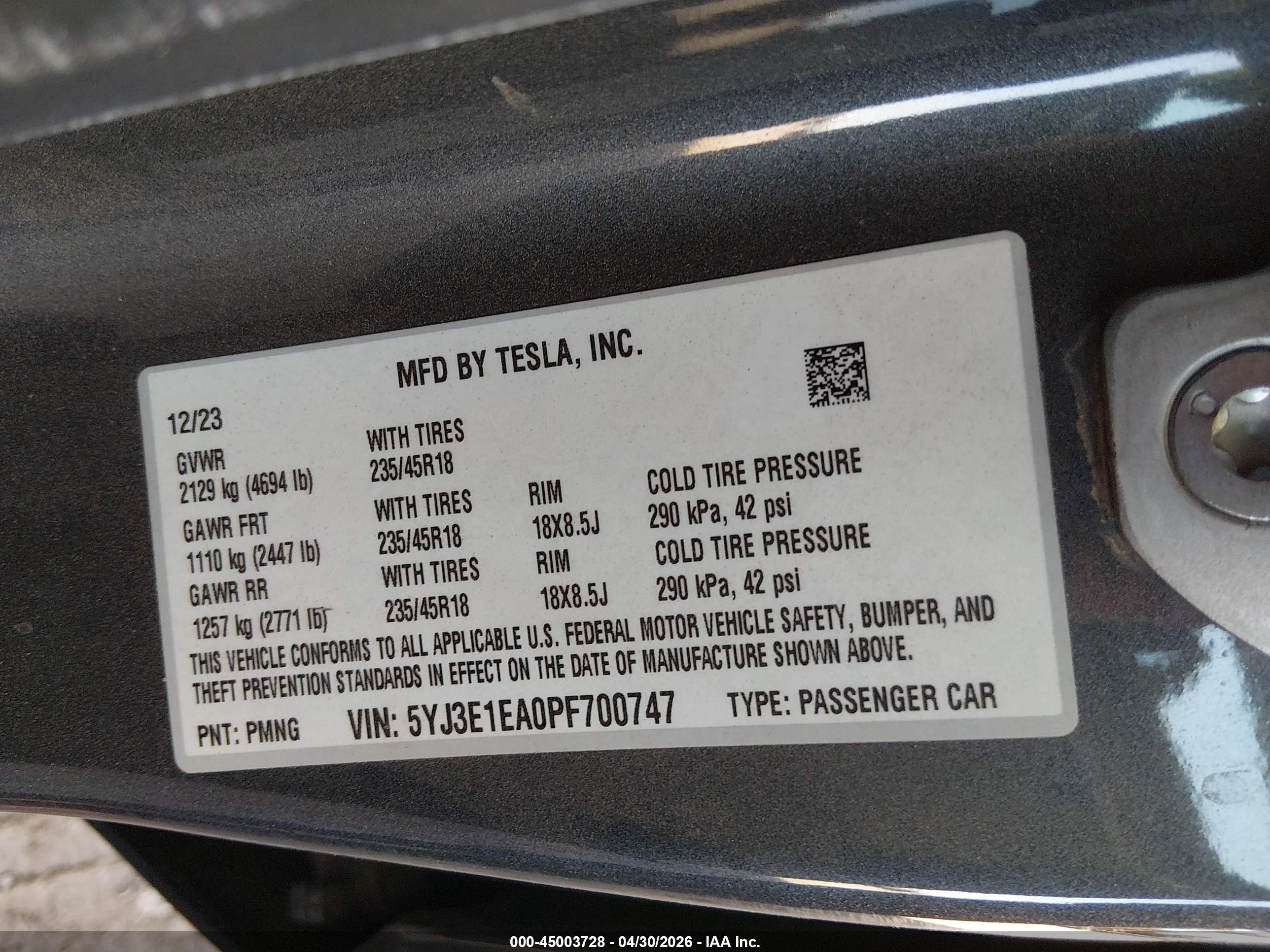 2023 Tesla Model 3 VIN 5YJ3E1EA0PF700747 IAAI salvage auction — Rear End, Salvage (Arizona), sold $7,650 on 2026-09-03 (photo 9)