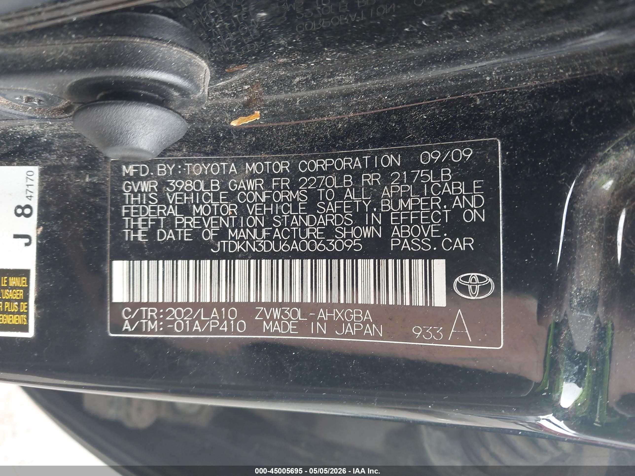 2010 Toyota Prius VIN JTDKN3DU6A0063095 IAAI salvage auction — Biohazard/Chemical, Salvage (Oregon), sold $1,575 on 2026-07-09 (photo 9)