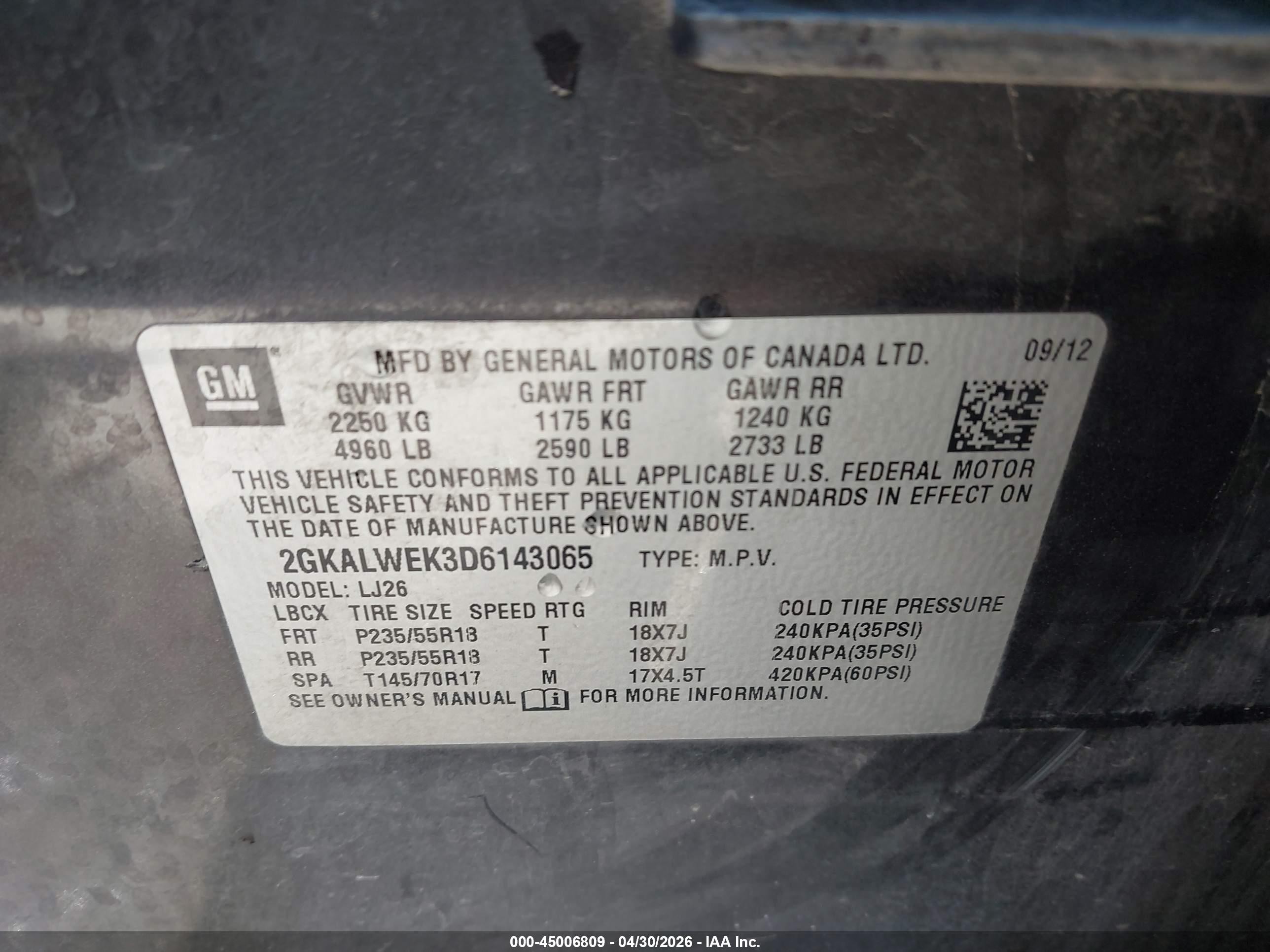 2013 GMC Terrain VIN 2GKALWEK3D6143065 IAAI salvage auction — Front & Rear, Salvage (Utah), sold $600 on 2026-07-09 (photo 9)