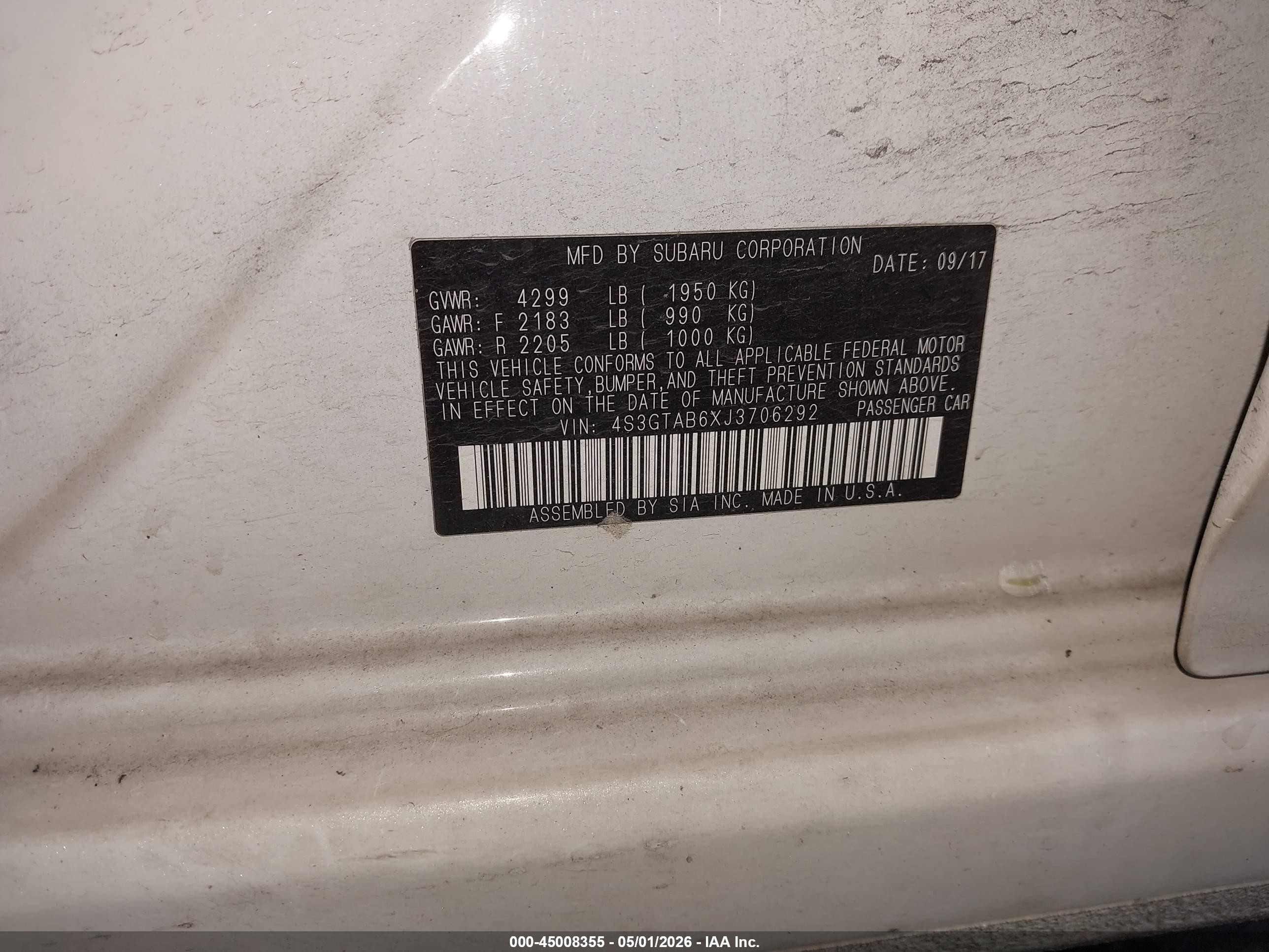 2018 Subaru Impreza VIN 4S3GTAB6XJ3706292 IAAI salvage auction — Rear End, Salvage (Oregon), sold $3,550 on 2026-07-09 (photo 9)