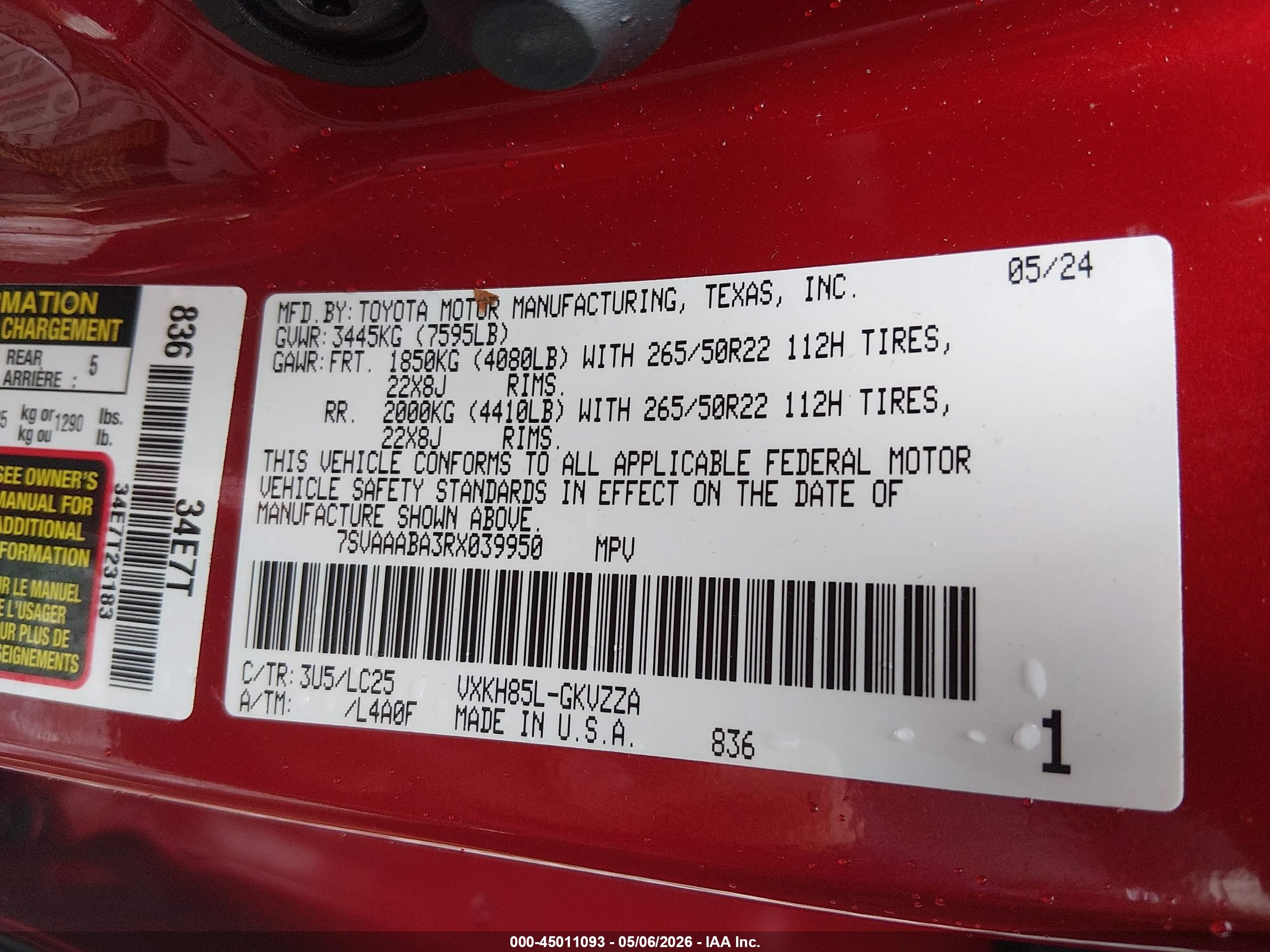 2024 Toyota Sequoia VIN 7SVAAABA3RX039950 IAAI salvage auction — Rear End, Salvage (West Virginia), sold $33,750 on 2026-07-08 (photo 9)