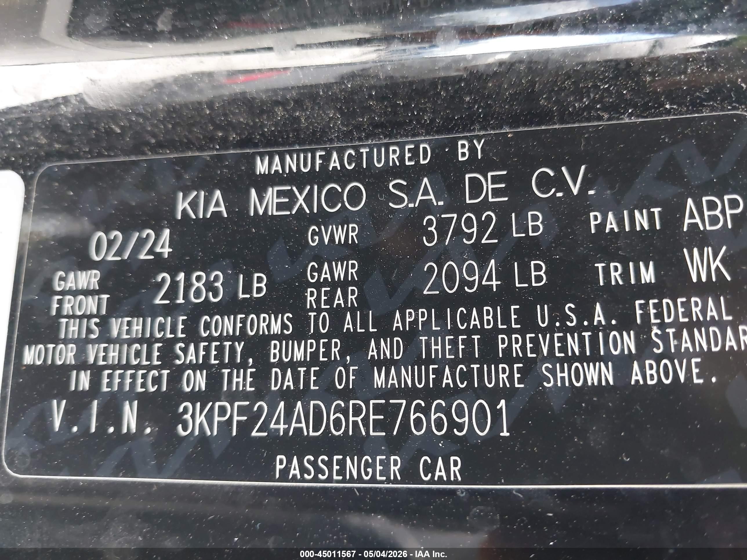 2024 Kia Forte VIN 3KPF24AD6RE766901 IAAI salvage auction — Rear End, Salvage (California), sold $2,550 on 2026-07-02 (photo 9)