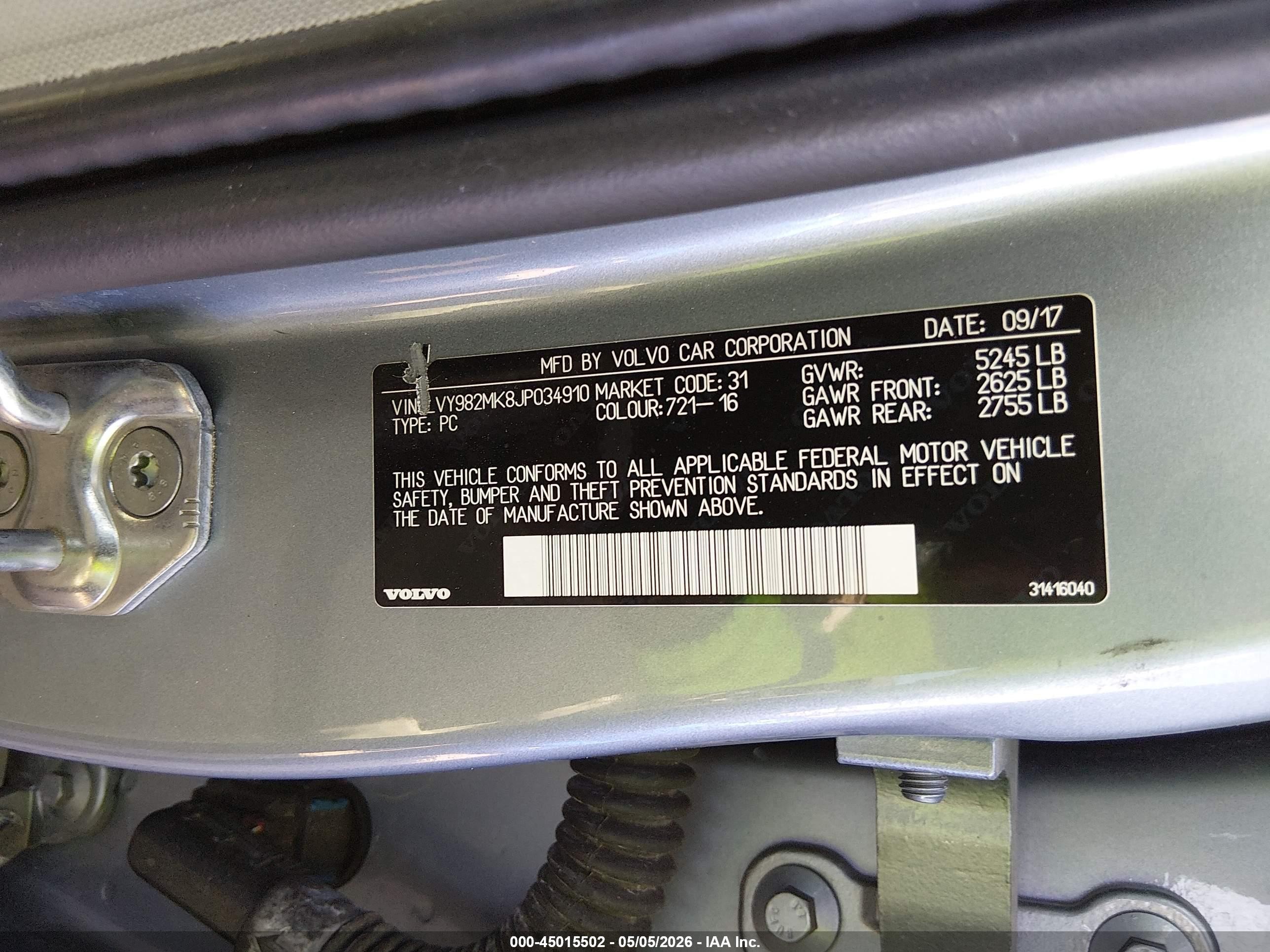 2018 Volvo S90 VIN LVY982MK8JP034910 IAAI salvage auction — Unknown, Salvage (Arizona), sold $825 on 2026-07-02 (photo 9)